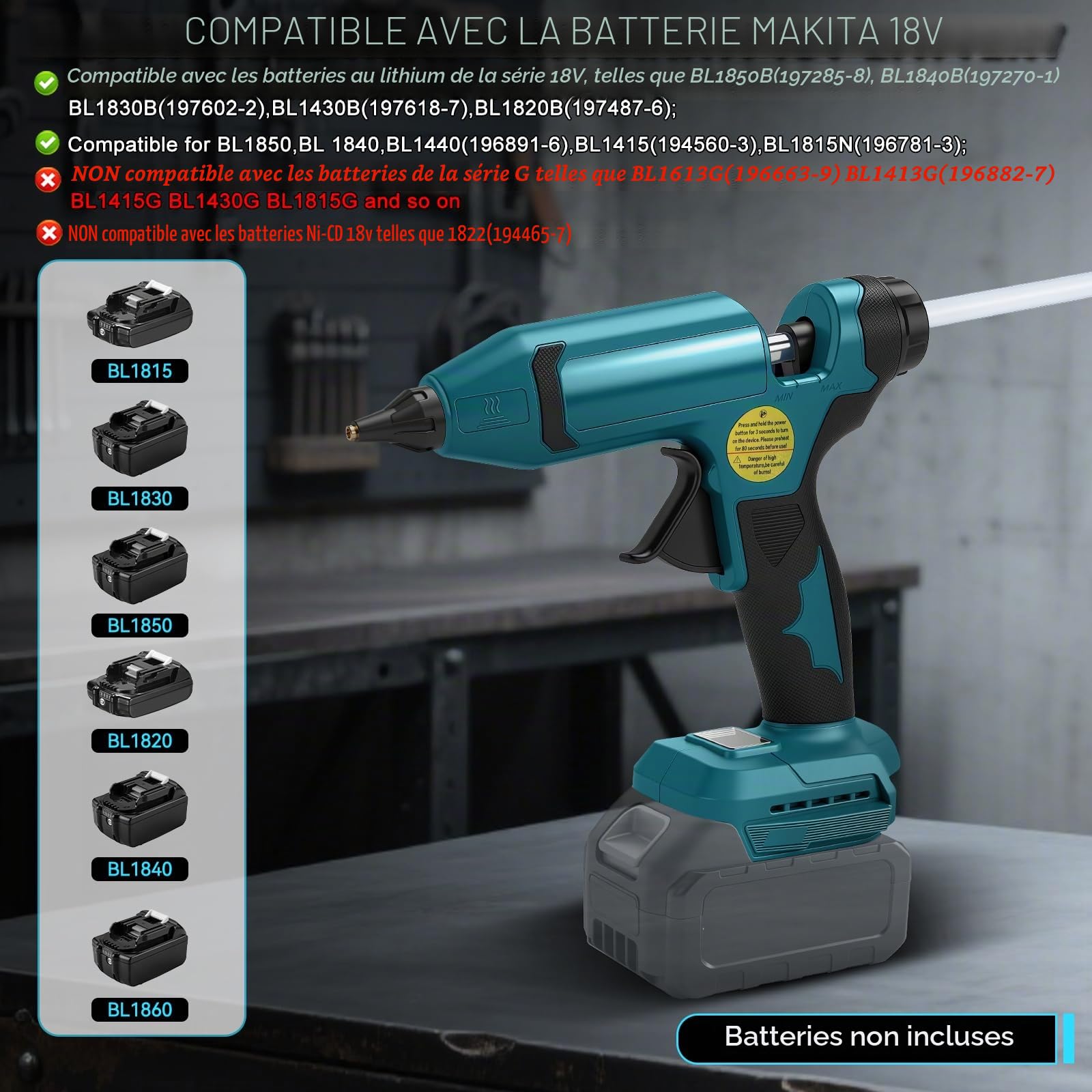 Pistolet à colle chaude sans fil pour Makita 18V (sans batterie) | 100W, max. 200℃, pistolet à colle, préchauffage rapide, affichage température et niveau de batterie, pour DIY
