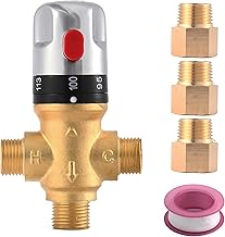 TreMax Thermostatic Mixing Valve, Shower Water Mixing Valve, With 1/2“G to 1/2‘’ NPT Connection Adaptors, Water Temperature Control Valve,Fahrenheit Scale Mark, Solid Brass (Golden)