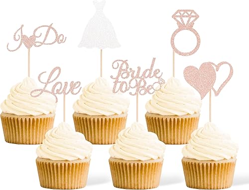Gexolenu 24 piezas de decoración para cupcakes de oro rosa con purpurina de doble cara I Do Love Heart Diamond Ring Cupcake Picks Decoración para