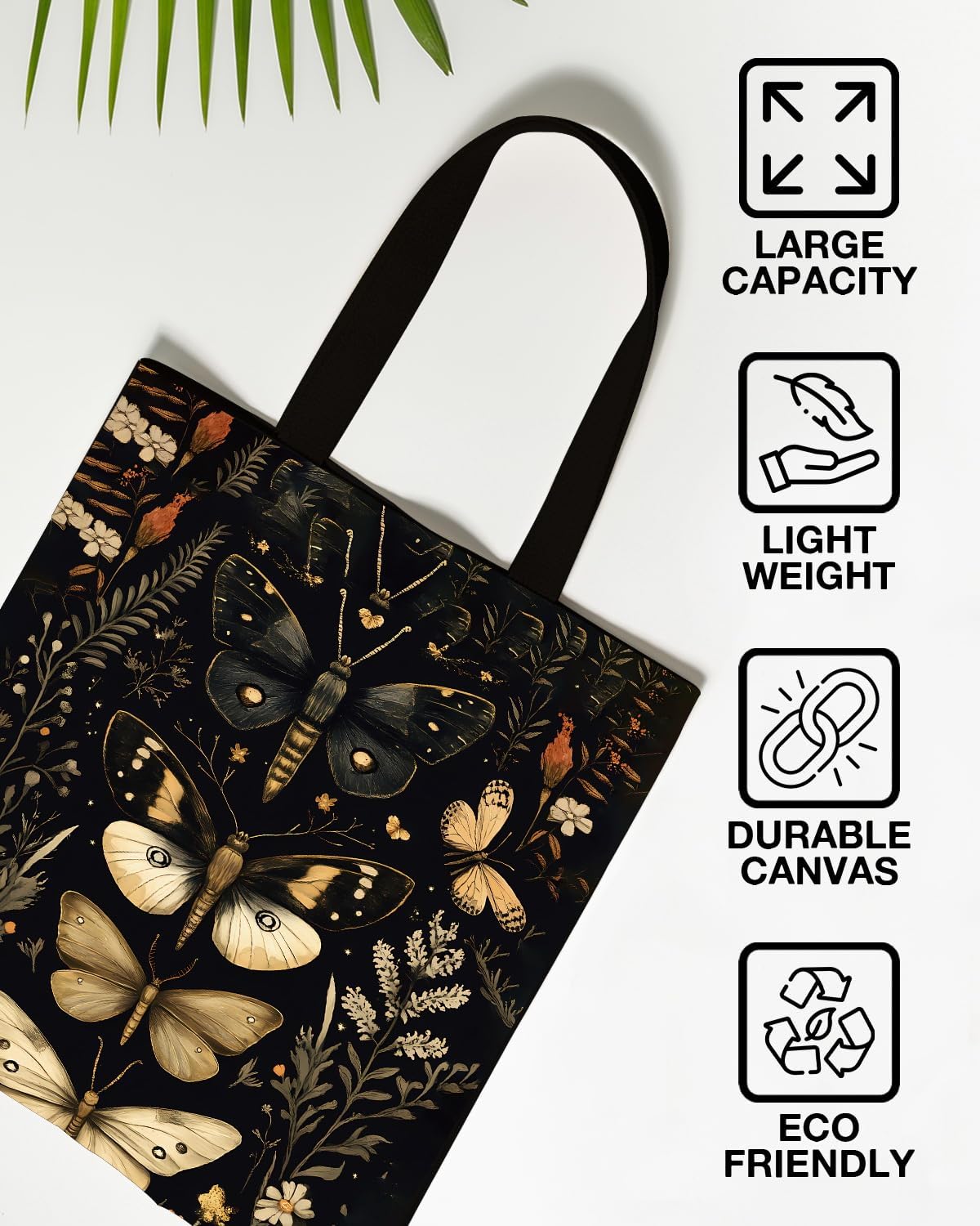 Floral Butterfly Print Goth Canvas Tote Bag for Women Witchy Dark Academia Butterfly Pattern Reusable Grocery Shoulder Bag for Shopping Work Travel Beach Aesthetic Totes - Image 3