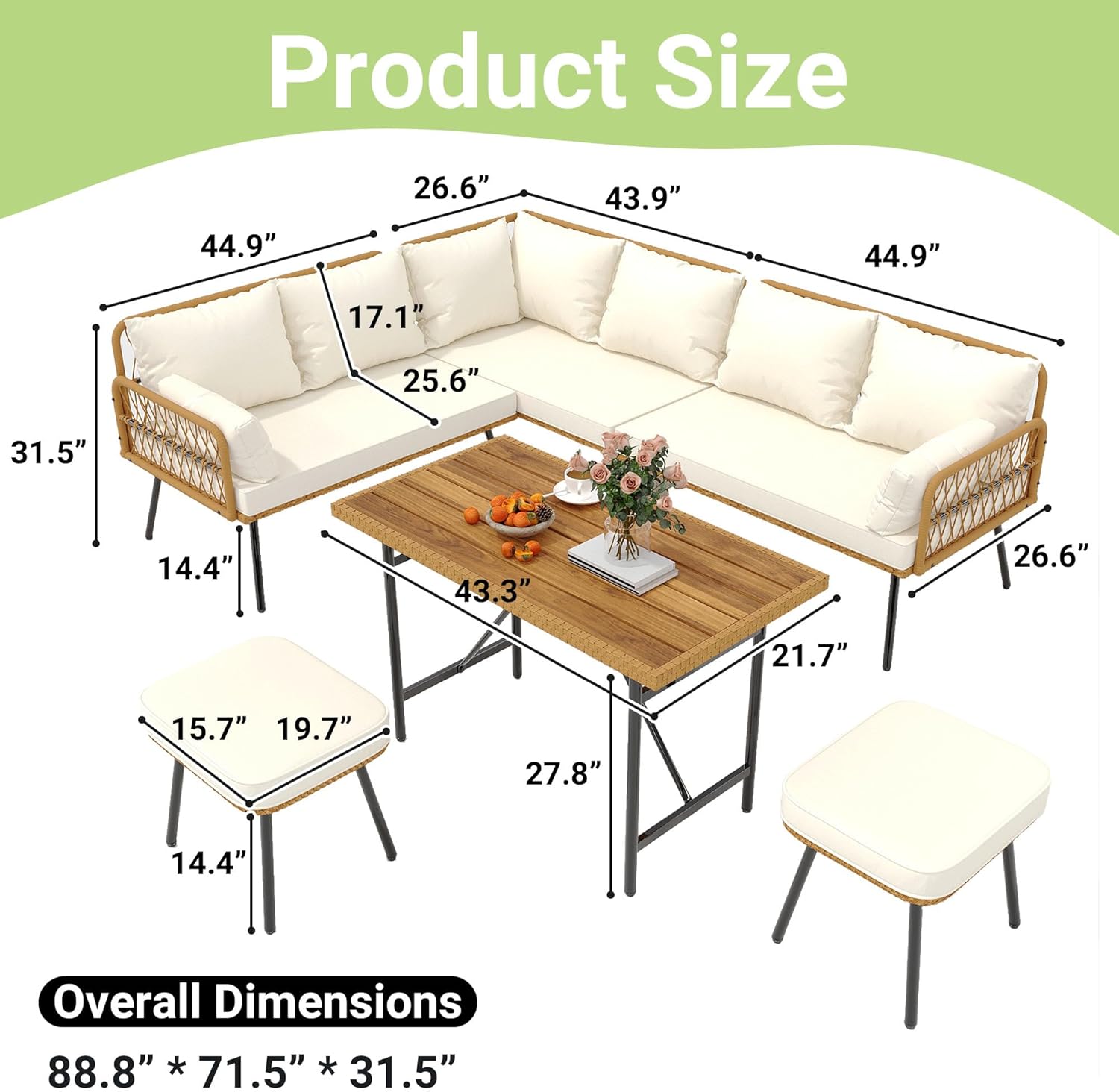 6 Pieces Patio Furniture Set, Outdoor Wicker Rattan Sectional L-Shaped Sofa with 8 Seater for Balcony,Garden, Backyard,Boho Patio Conversation Set with Thick Cushion & Plastic Wood Dining Table,Beige