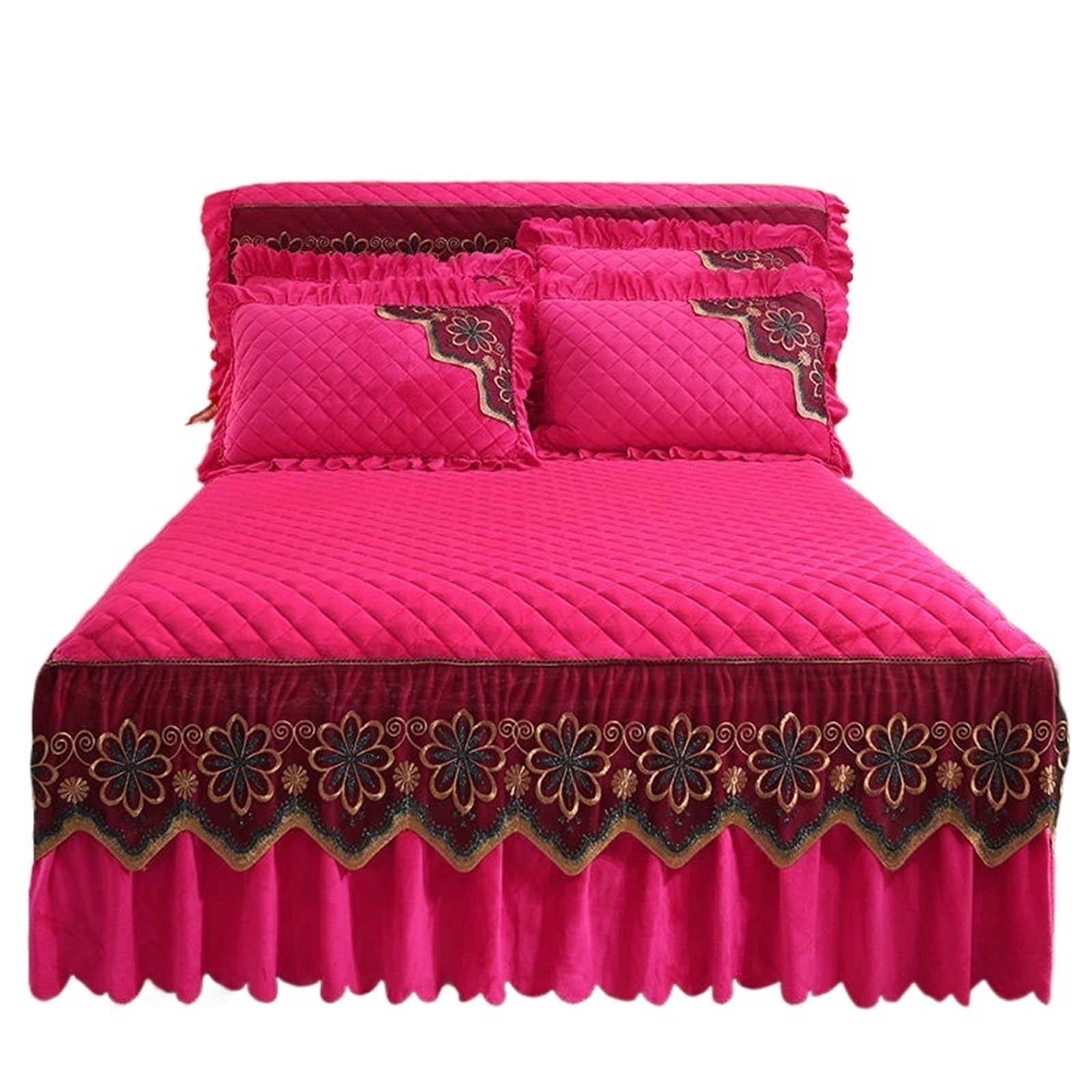 Quilted Bed Skirt Winter Warm Thicken Velvet Bedspread King Good Hand Feeling Not Included Pillowcase(Rose Red,1pc Skirt 180x200cm)