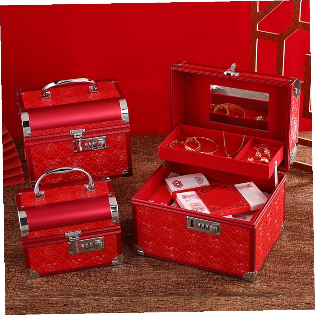 Schmuckkästchen mit Zahlenschloss Mittlere Größe 20X15X16cm Aluminiumlegierung Rote Vintage Aufbewahrungsbox für Hochzeit und Schreibtisch