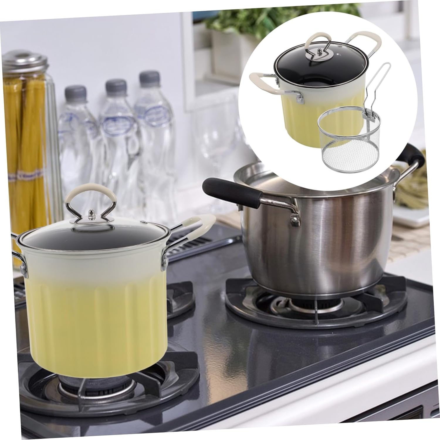 OUNONA Cast Iron Deep Fryer Pot with Lid and Strainer Basket Multipurpose Japanese Frying Pot for Induction and Gas Stoves Non Slip Base Heat Resistant Handles Oil Splatter Prevention for