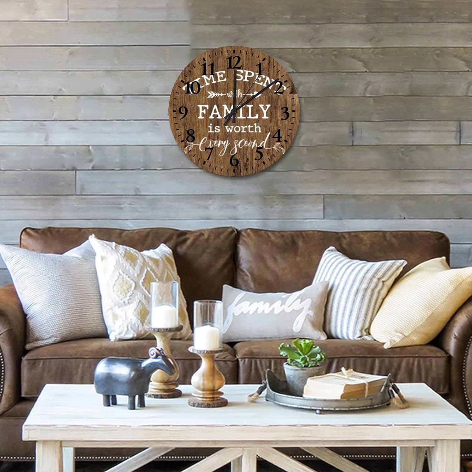 Time Spent with Family is Worth Every Second Wooden Wall Clock 15 Inch, Family Living Room Kitchen Dining Bedroom Wall Clock Modern Battery Operated Silent Non-Ticking Round Clock