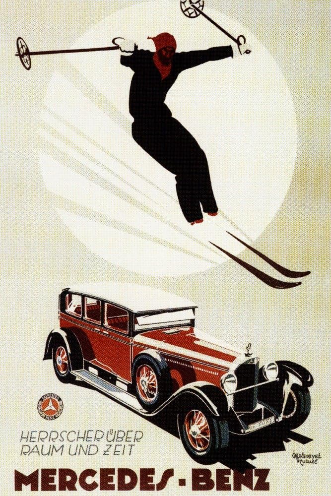 Skier Jumping over Mercedes-Benz - Vintage Advertisement (24x36 Fine Art Giclee Gallery Print, Home Wall Decor Artwork Poster)