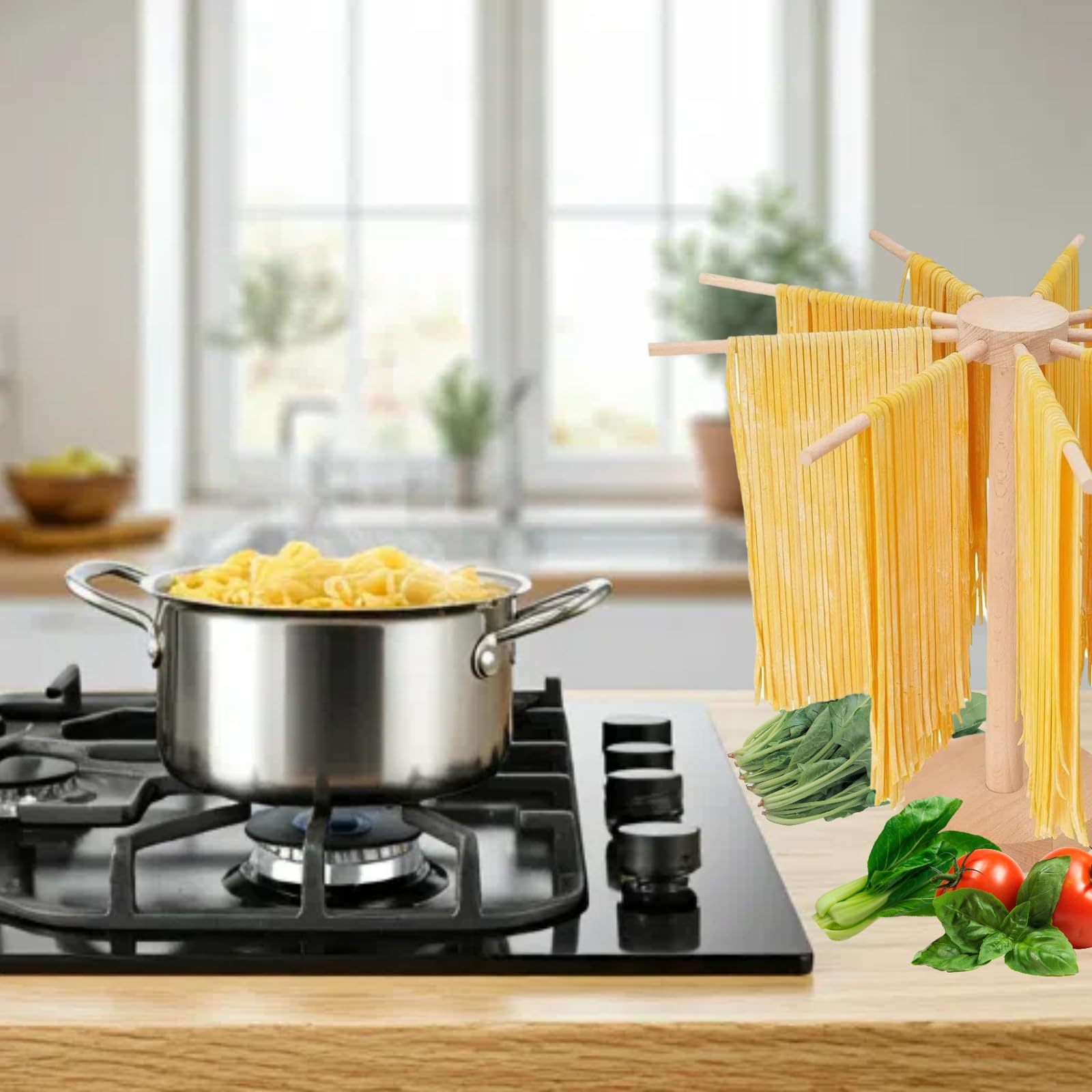 Estante de secado de pasta, estante grande de madera plegable para fideos de pasta fresca, soporte para secadora de espaguetis para hacer pasta, herramientas plegables de madera para hacer pasta con 9