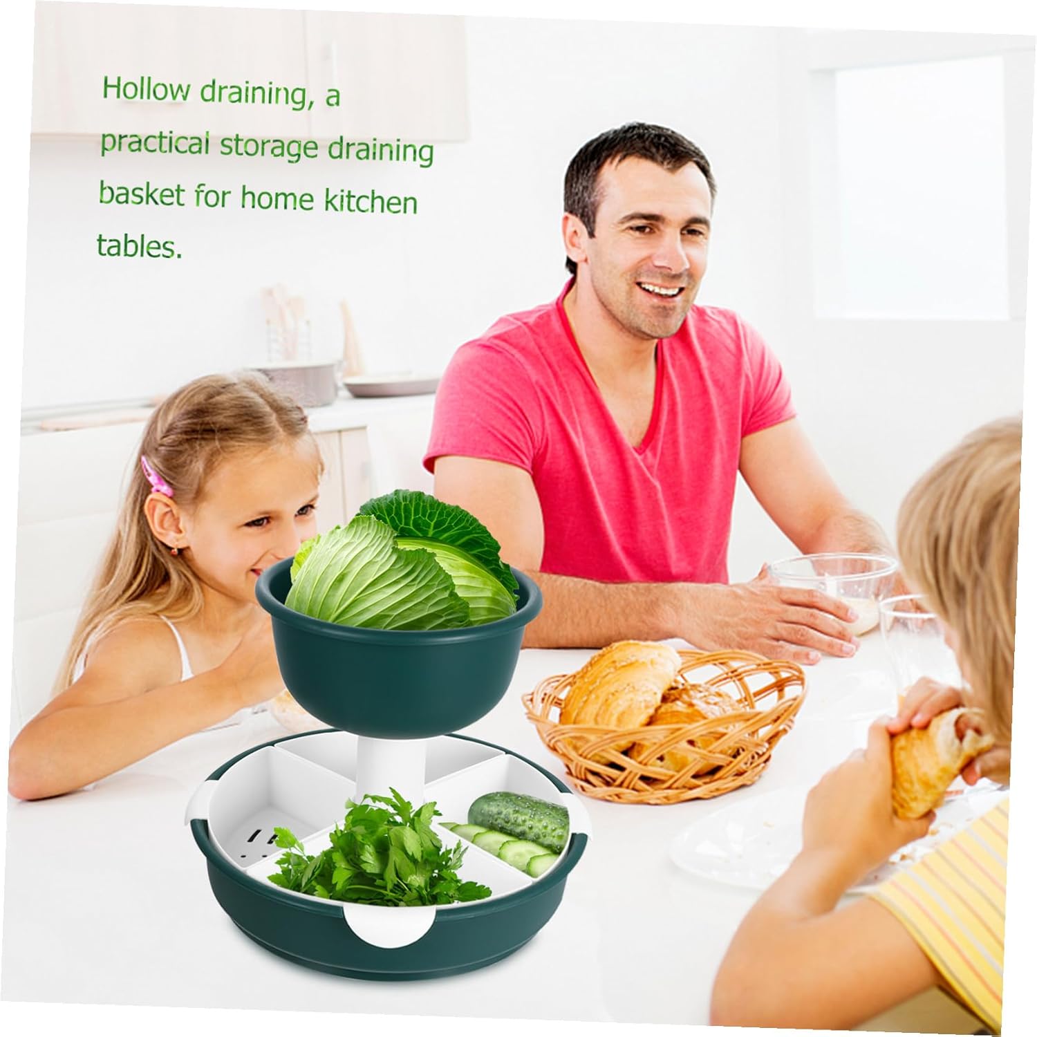 Double-layer Rotatable Vegetable and Fruit Basket for Kitchen Draining Storage Tray with Hollow Design Home Basket for Hot Pot and Food Cleaning Mint Green