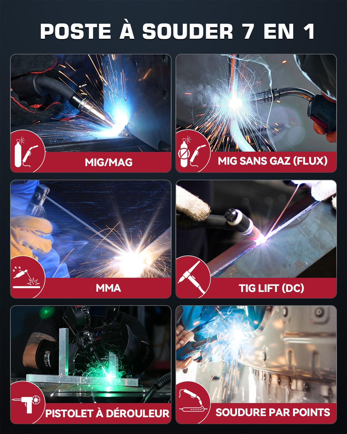 ARCCAPTAIN Poste à Souder MIG MAG, 200Amp 6 en 1 Gaz MIG/Sans gaz Flux Core MIG/Électrode Enrobée/Lift TIG/Soudage par points/Pistolet à fil 230V Machine de soudage multi-processus en aluminium