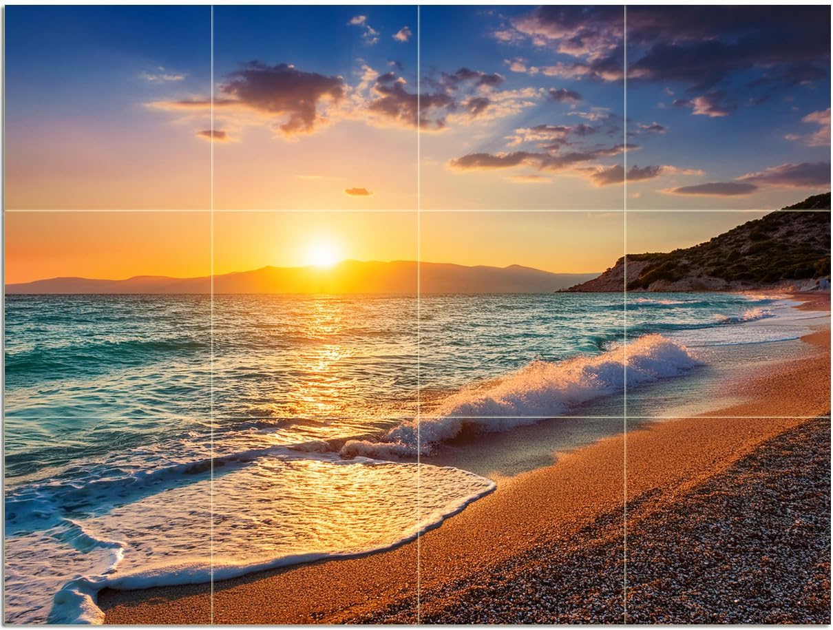 FlekmanArt Tile Mural Sunset Sea Beach Sand Sky Pattern A569 Kitchen Bathroom Shower Wall Backsplash Splashback 4x3 6"" Ceramic, Glossy