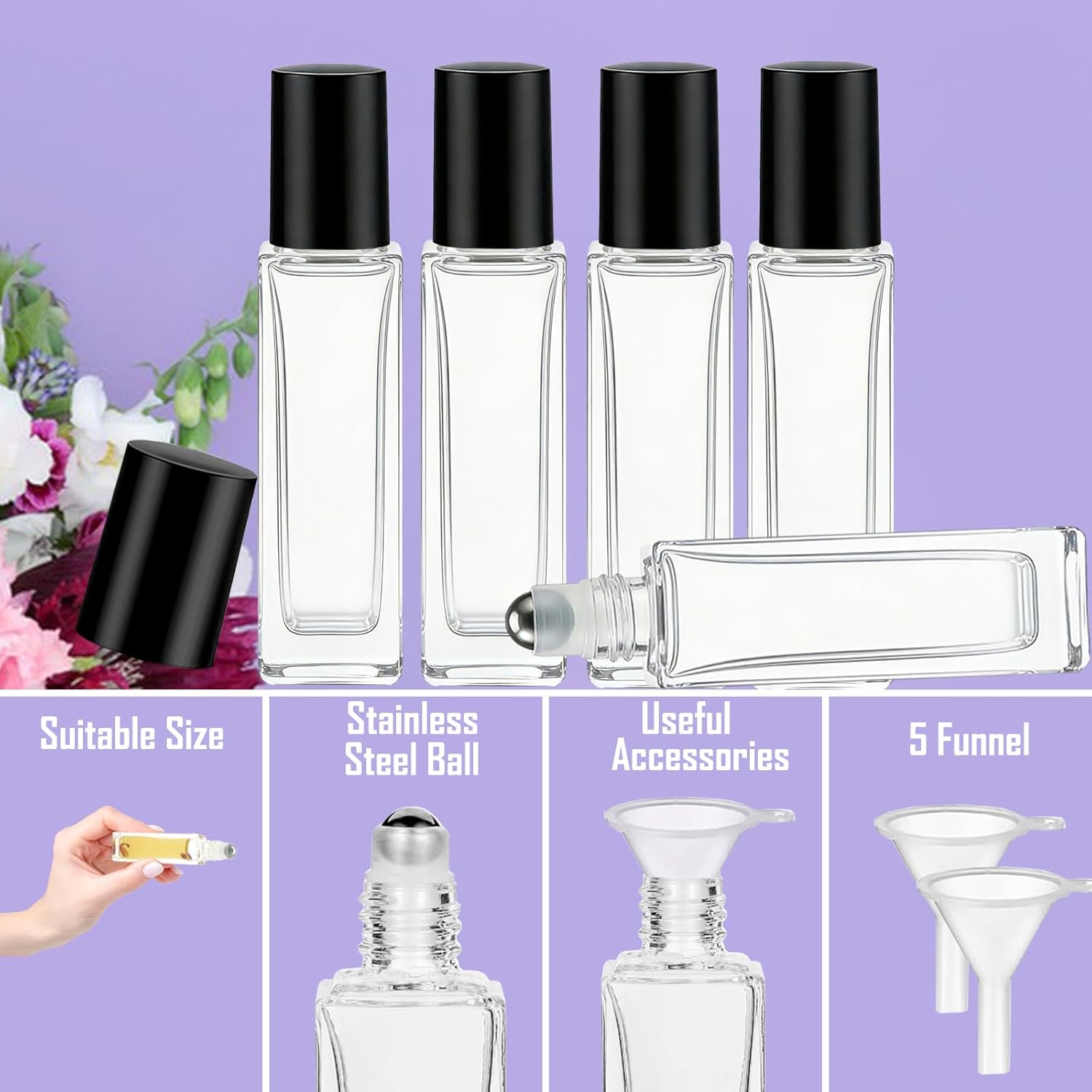 100 Pcs 10 ml Roller Bottles for Essential Oils, Square Thick Empty Glass Roller Bottles with Stainless Steel Roller Balls Protection Leakproof with 5 Funnel for Travel, Black