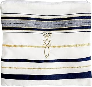 Túnica mesiánica/Chal de oración de color azul y dorado judío Tallit tamaño 57-180 cm, blanco, Blanco, M