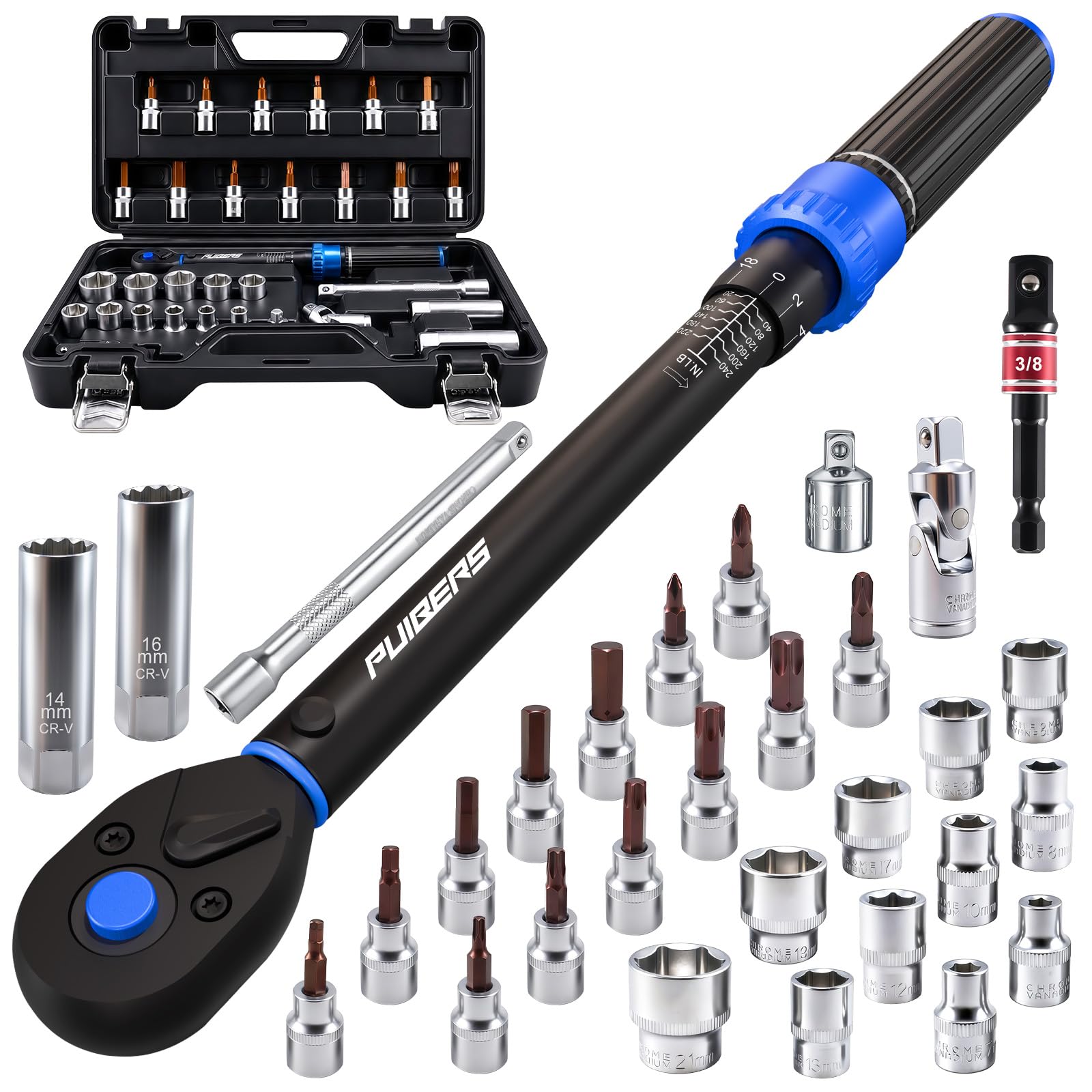 3/8-Inch Drive Click Torque Wrench Set (20-240 in.-lb), 31-Piece Bike &amp; Auto Tool Kit with Metric Sockets (6-21mm), Torx/Hex Bit Sockets, Spark Plug Sockets &amp; Extension