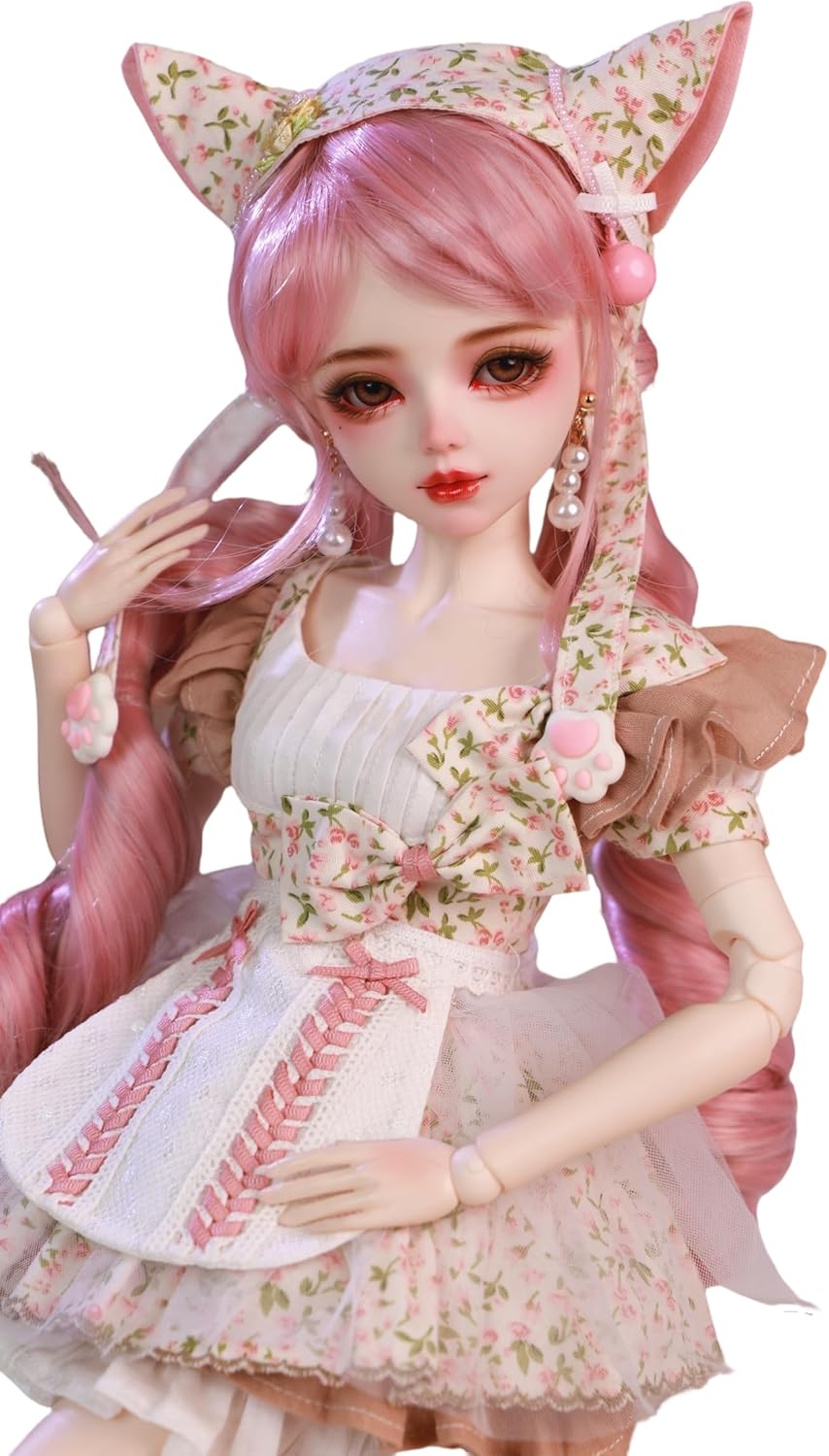 Hand-Painted BJD Doll 1/3,22.8 inches(56cm) Tall,Cute Pink Kitten Style,Princess Doll,PVC Body with 31 Movable Joints,for Ages 15+ and Older,Desk&Wall Decoration