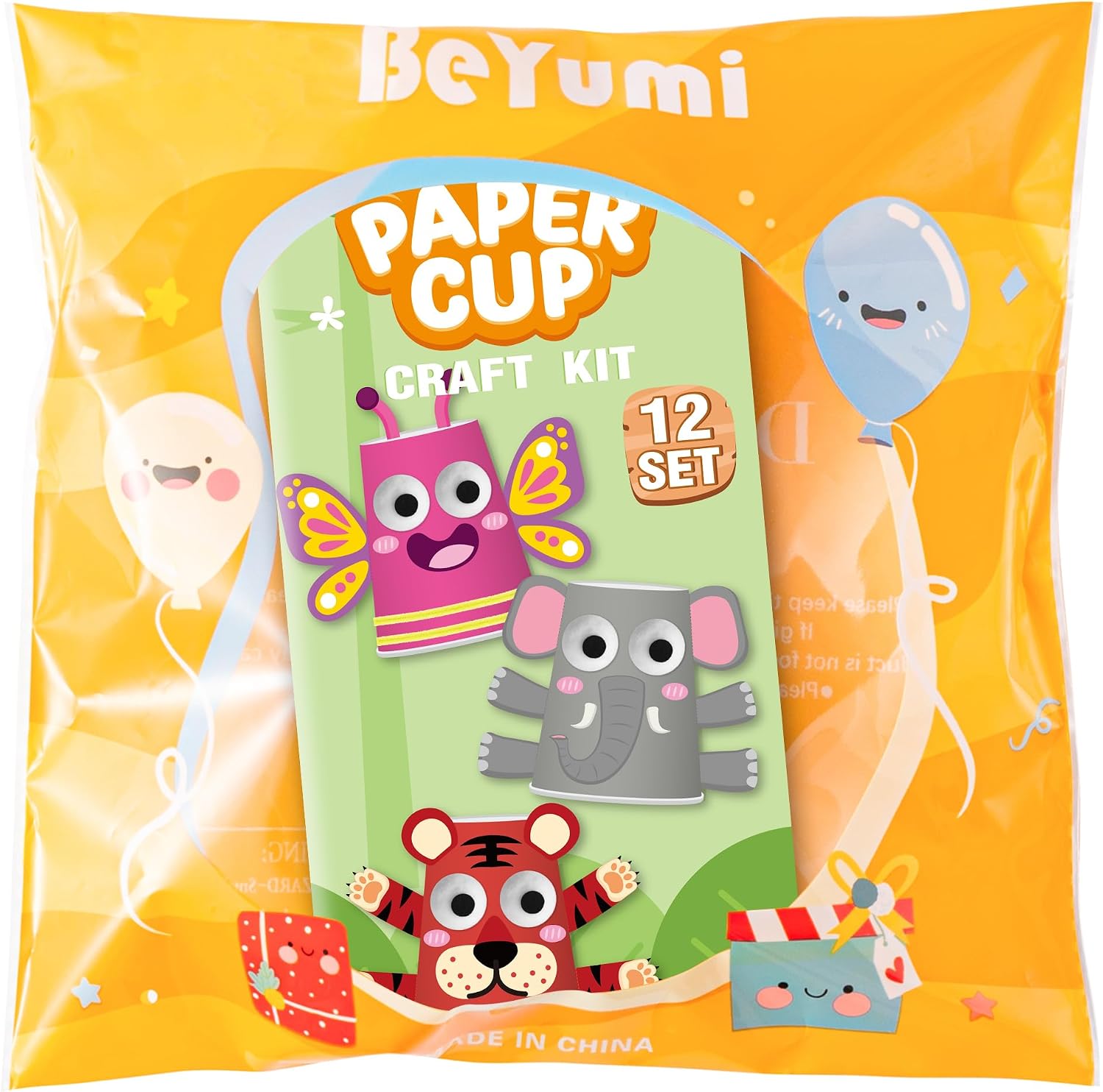 BeYumi Animal Art Craft Kit - 12Pcs Animal Theme Arts and Crafts for Kids Toddler DIY Paper Cup Craft Kit 12 Cartoon Animals Project DIY Gift Birthday Party Preschool Classroom Fun Activity Ages 3-6