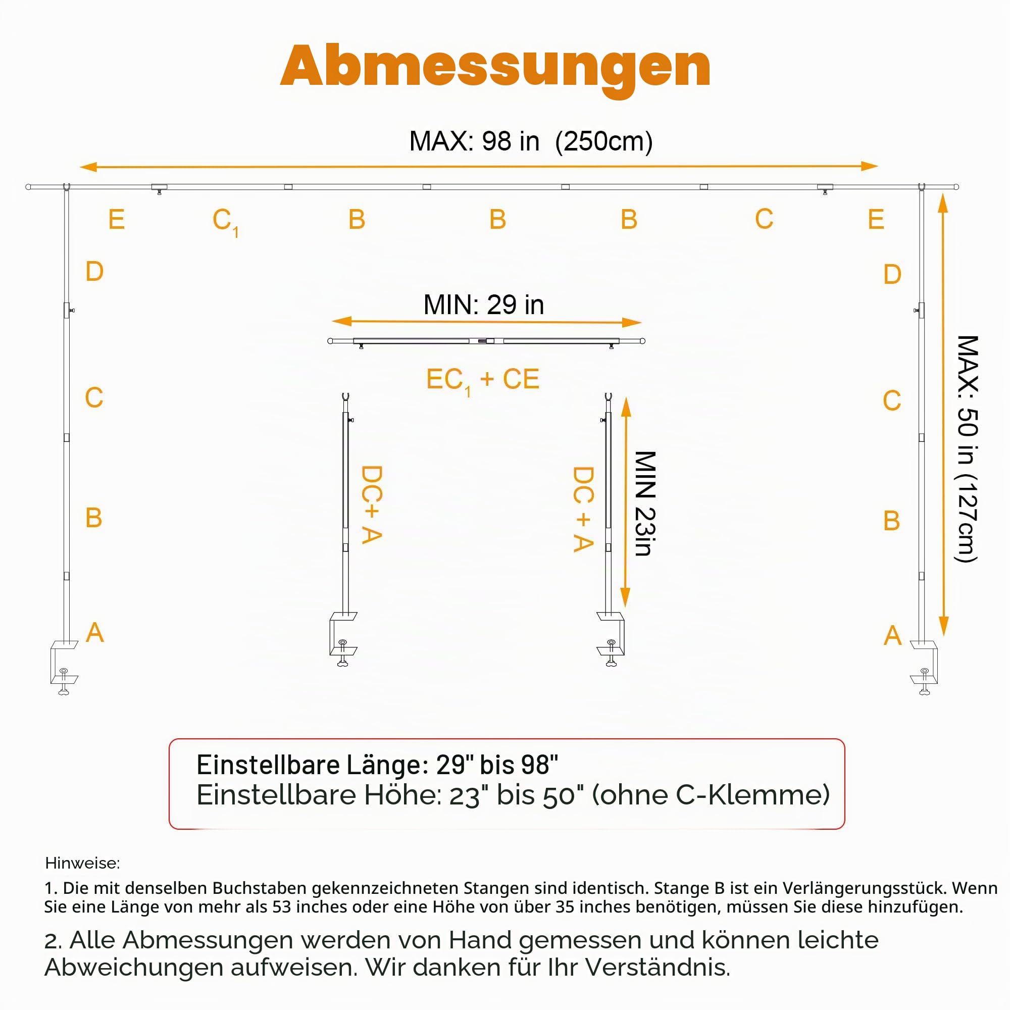 Dekostange für Tisch Outdoor mit Klemme - Tischgestell Deko Ausziehbar - Tischstange für Hochzeiten, Geburtstage & Weihnachten (Gold ,127x250cm)