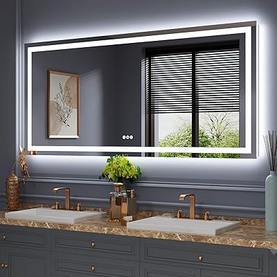 Amorho LED Bathroom Mirror 55''X36'' with Front and Backlight, Large Dimmable Wall Mirrors with Anti-Fog, Shatter-Proof, Memory, 3 Colors, Double LED Vanity Mirror