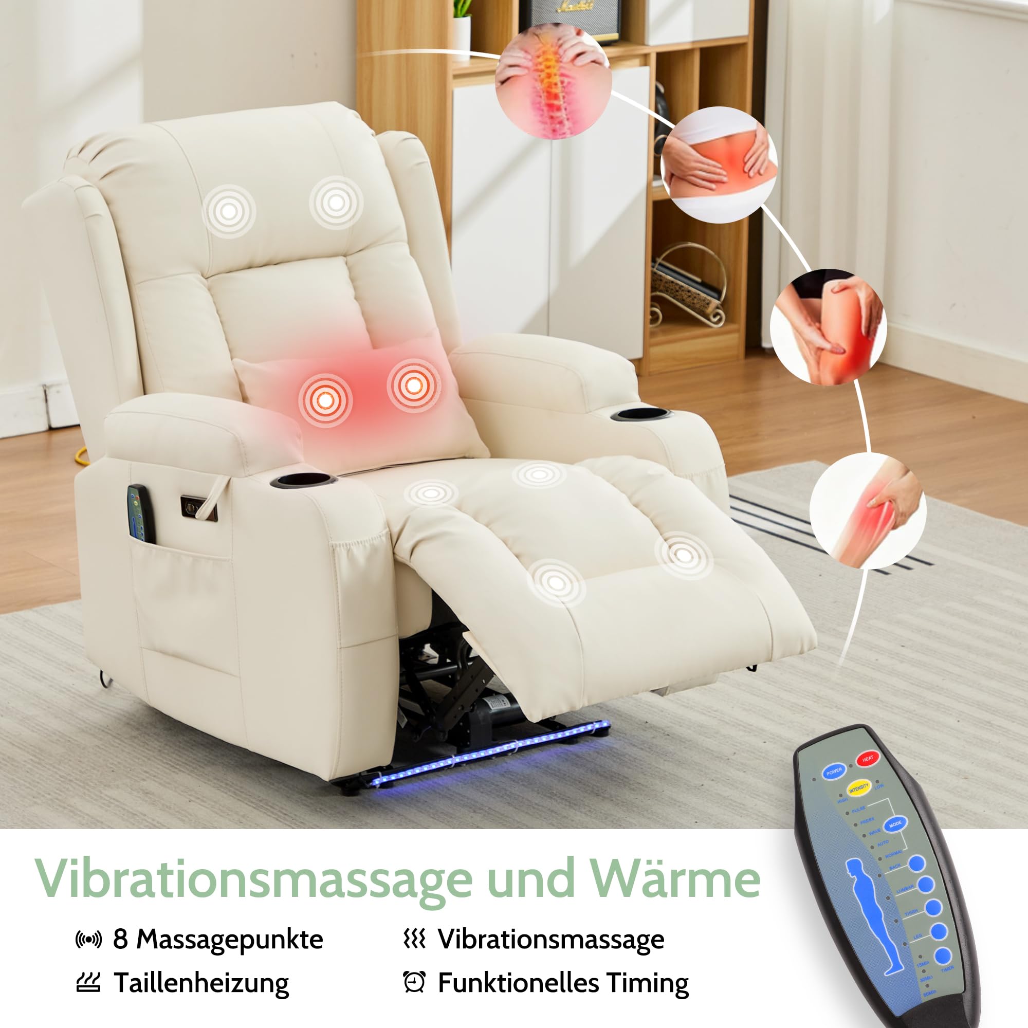 Relaxsessel mit Massage und Heizfunktion, Fernsehsessel Elektrisch Verstellbar, TV Sessel mit USB-Anschlüsse, Getränkehalter, Seitentaschen, Kunstleder (Cremeweiß)