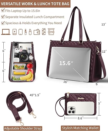 Miniatura 2 de Bolsa de almuerzo para mujer, bolsa de trabajo para laptop de 15.6 pulgadas con compartimento aislado para lonchera y bolso, bolso acolchado de gran