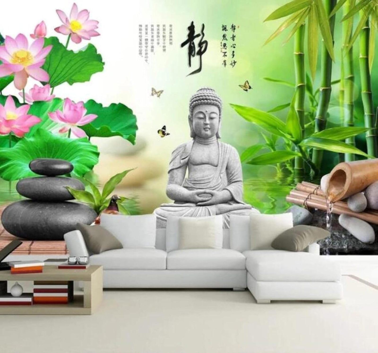 XLMING Fresh Bamboo Grove Lotus Flowers Stone Buddha Atmospheric 3D Wallpaper Luxury Home Dining Decor Paste Sofa Living Room The Wall for Bedroom Mural-150cm×105cm