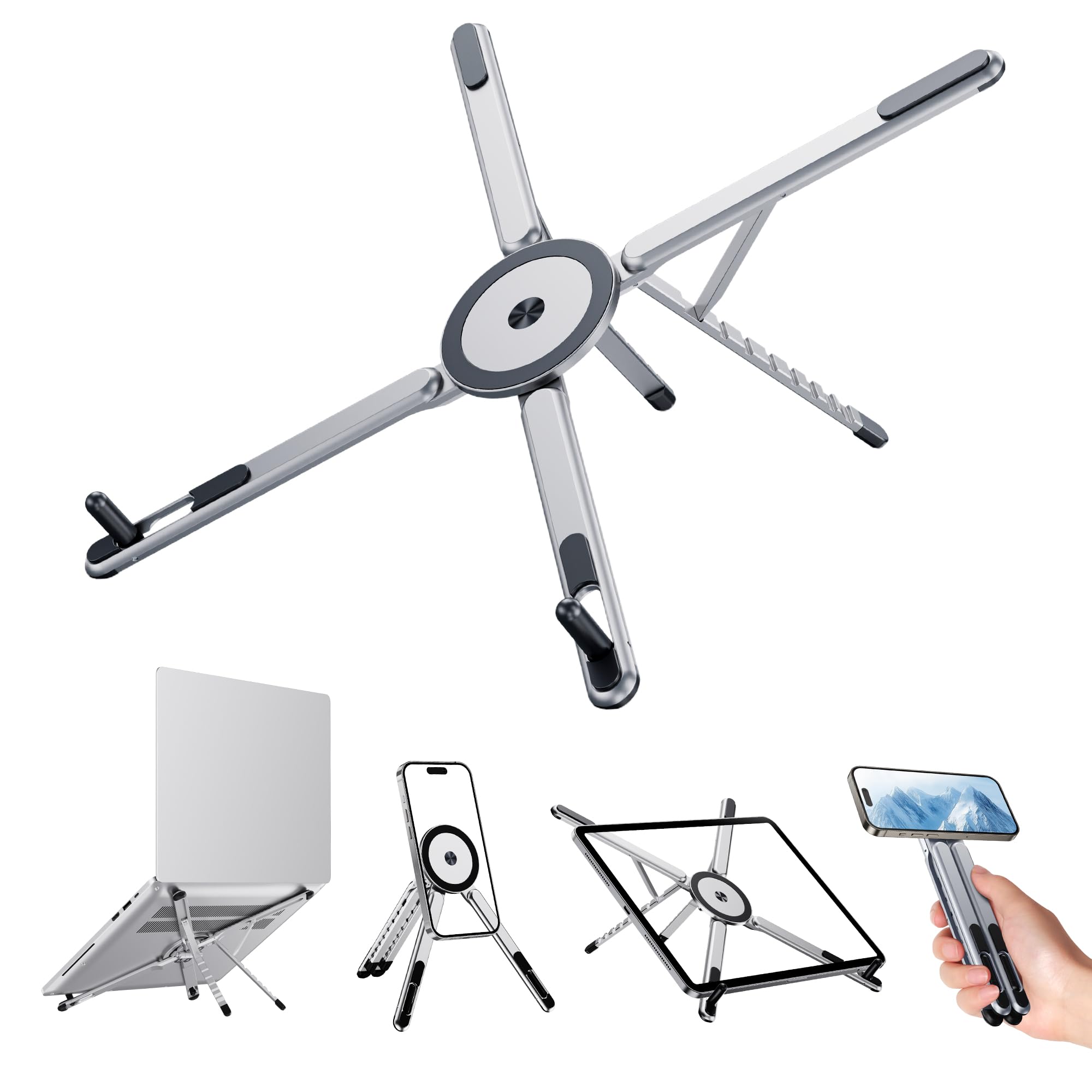 BONERUY 3 in 1 Magnetic Foldable Versatile Stand for Phone Tablet and Laptop,Aluminum Alloy Ergonomic 8-Level Adjustable Height Laptop Stand for Desk,Portable Holder for Home Office and Travel (White)