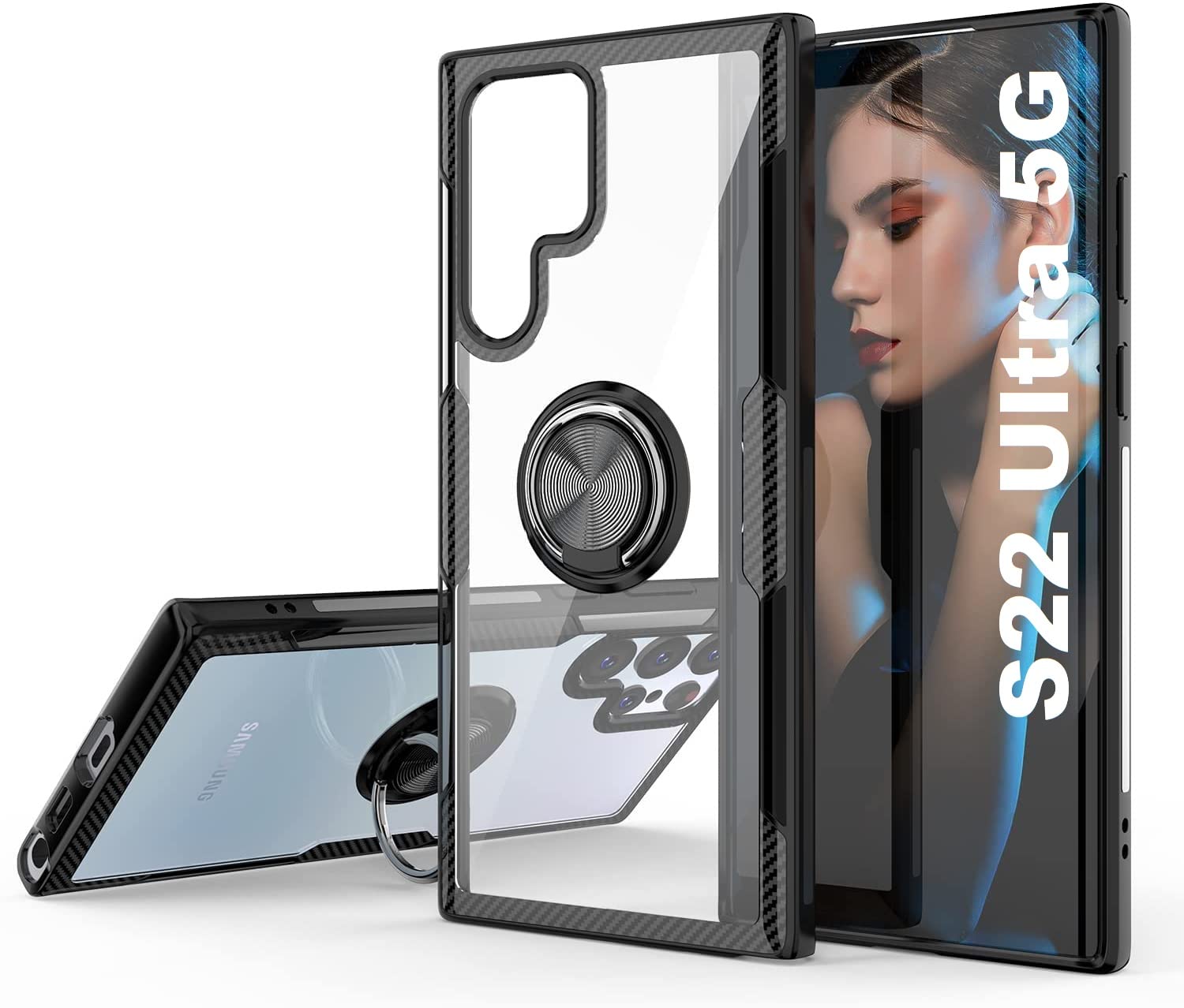 REALCASE Samsung S22 Ultra Back Cover Case | Hybrid Shock Proof Carbon Fiber Bumper with Clear Transparent Metal Ring Holder Back Cover Case for Samsung Galaxy S22 Ultra 5G (Black) (B09W4VC5YW) Amazon Price History, Amazon Price Tracker