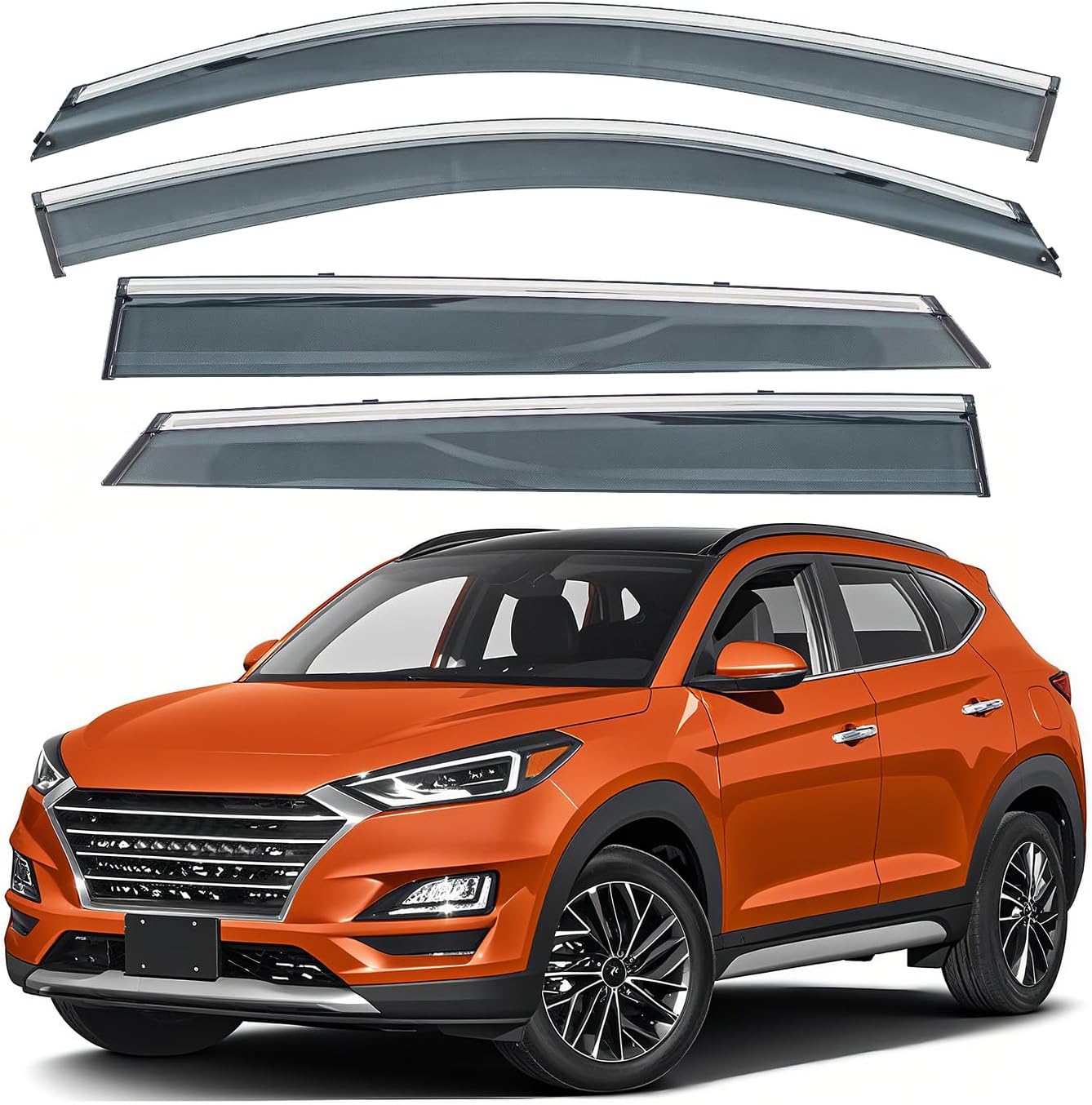 Deal 4-Piece Set Outside Mount Tape On/Clip On Type Smoke Tinted Sun/Rain Guard Vent Window Visors with Chrome Trim Compatible with 2016-2021 Tucson All Models