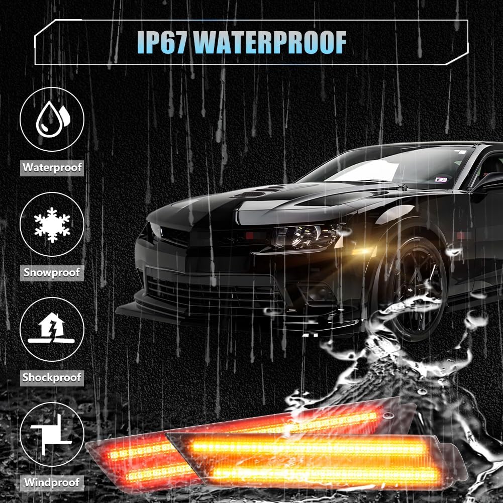 4 PCS LED Side Marker Lights Smoked Lens for Chevy Camaro 2010 2011 2012 2013 2014 2015, 5th Gen Camaro Front Rear Bumper Fender Marker Lamps, Amber & Red LED Side Marker Reflectors Lights