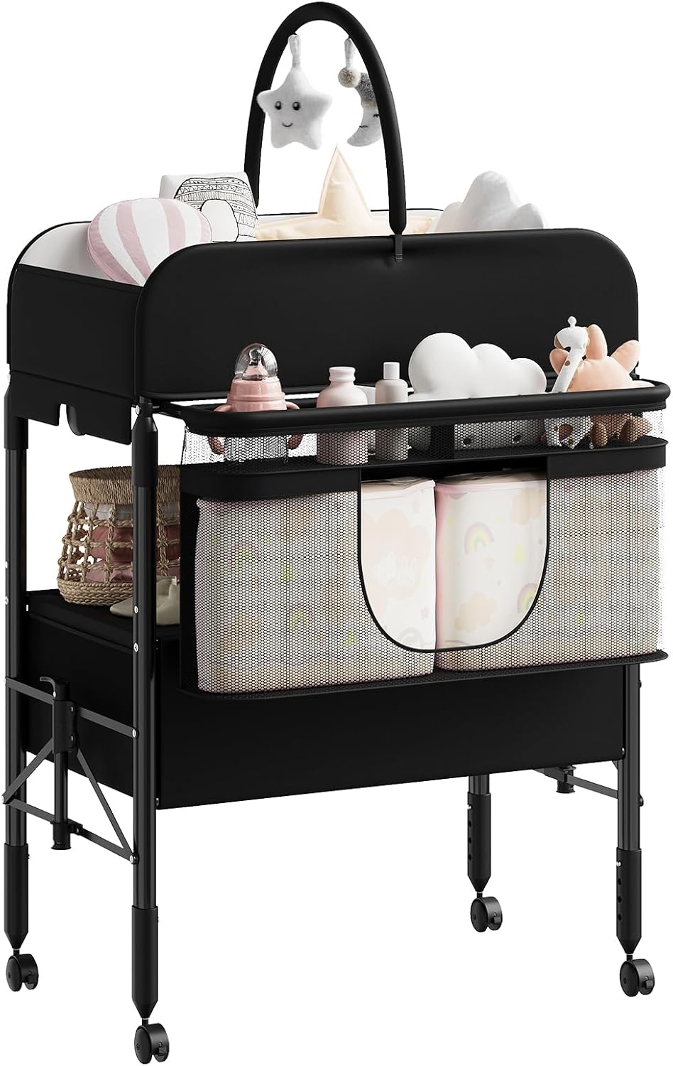 Baby Changing Table, Versatile Folding Changing Table with Wheels & 2 Drawers, Adjustable Height 38-41 in, Portable Diaper Station with Waterproof Pad, Nursery Organizer for Infants, Black