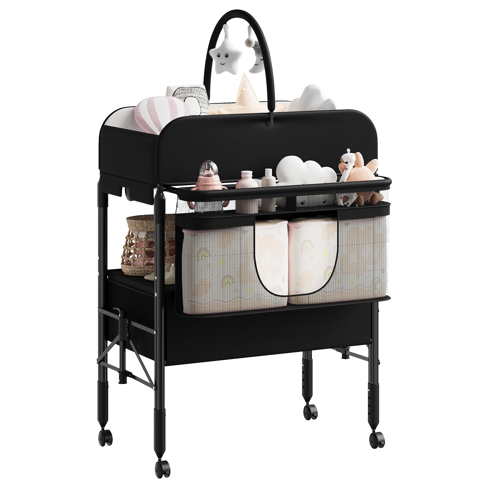 Table à Langer Pliable Bébé Avec 2 Tiroirs, Hauteur Réglable, Matelas Imperméable, Rangement Nurserie, Tringle à Vêtements Et 4 Roulettes Verrouillables, Noir
