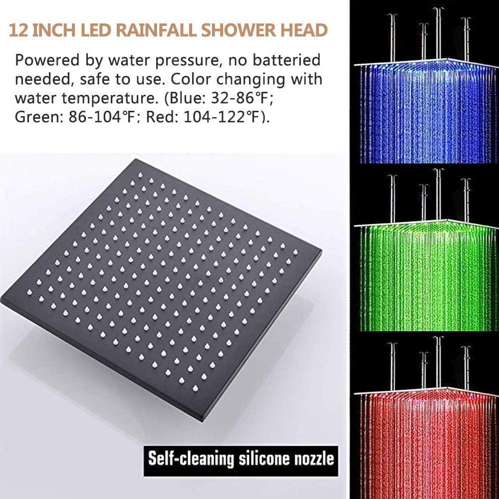 AYIVG Brass 12 Inch LED Square Rainfall Shower System Bathroom Matte Black Ceiling Mounted Shower Set - - 