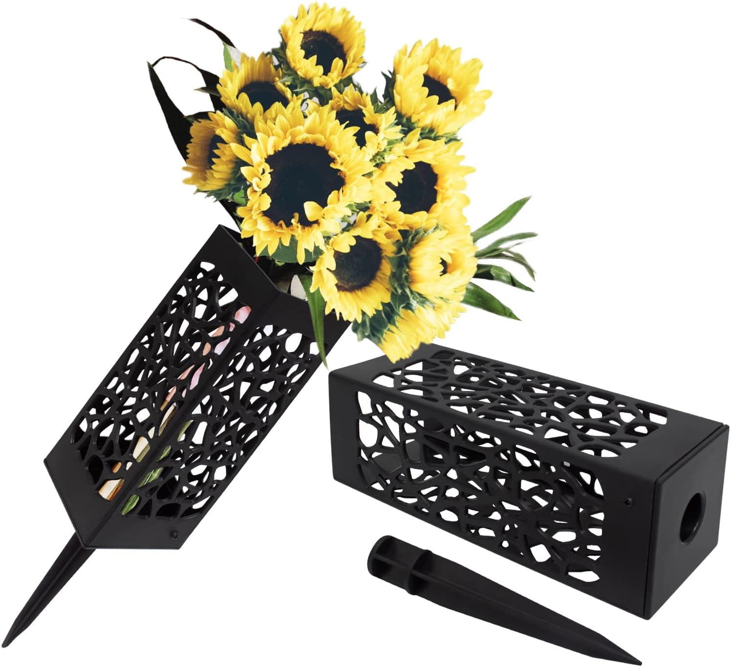 2 Pack Cemetery Vases,Cemetery Decorations for Grave Black Plastic Cemetery Headstones Vases with Spikes Human Grave Markers Flower Holder with Drainage Hole Long Spikes Outdoor Floral Memorials