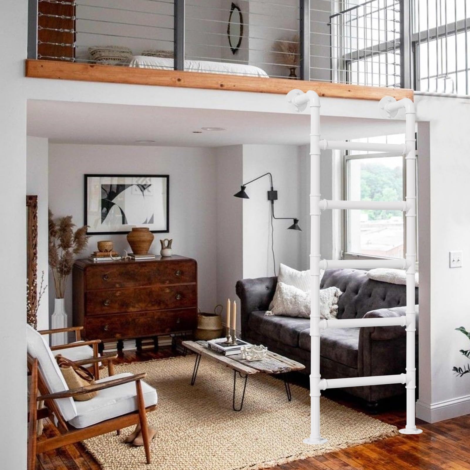 Escalera de metal para pared de 146 cm con altura ajustable para sótanos y literas