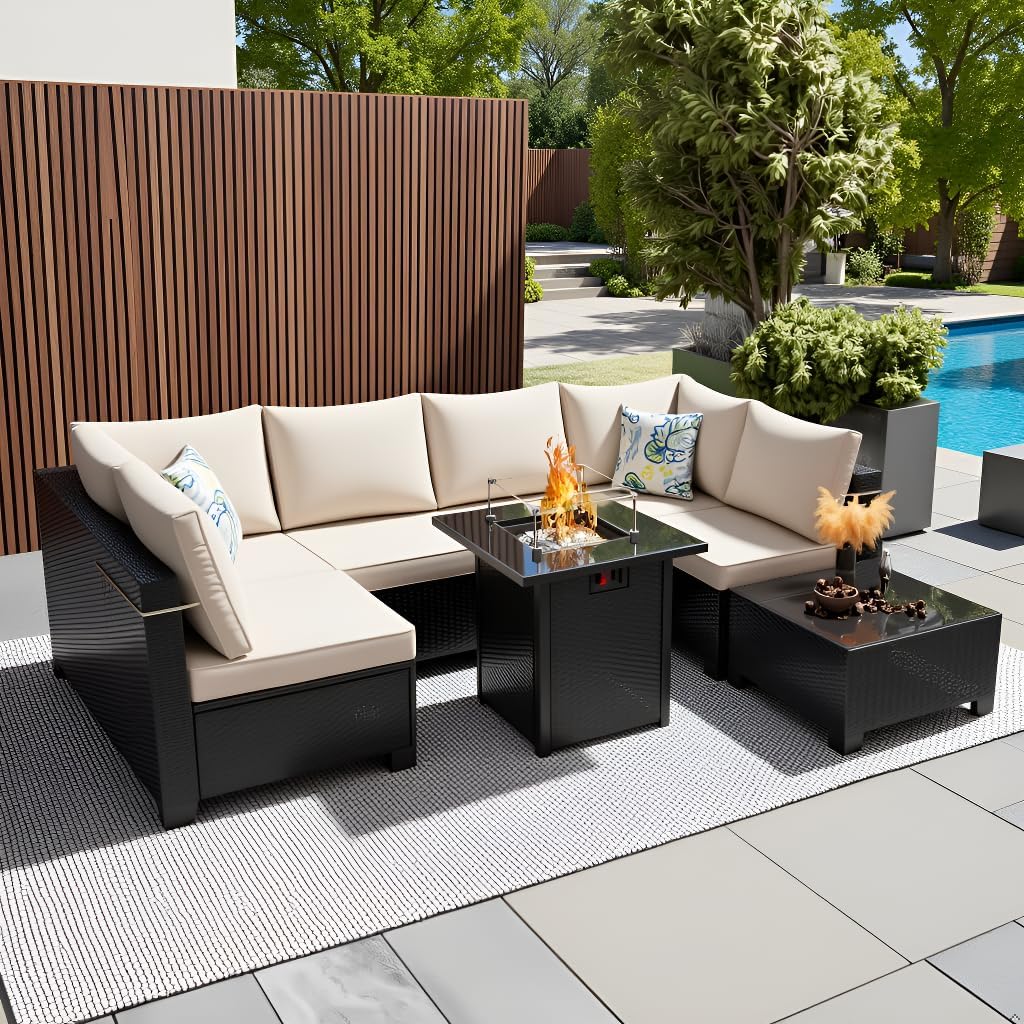 8 Pcs Patio Furniture Set with Fire Pit Table Wicker Outdoor Sectional Sofa, Conversation Set Perfect for Backyard, Garden, Deck (Coffee/Beige)