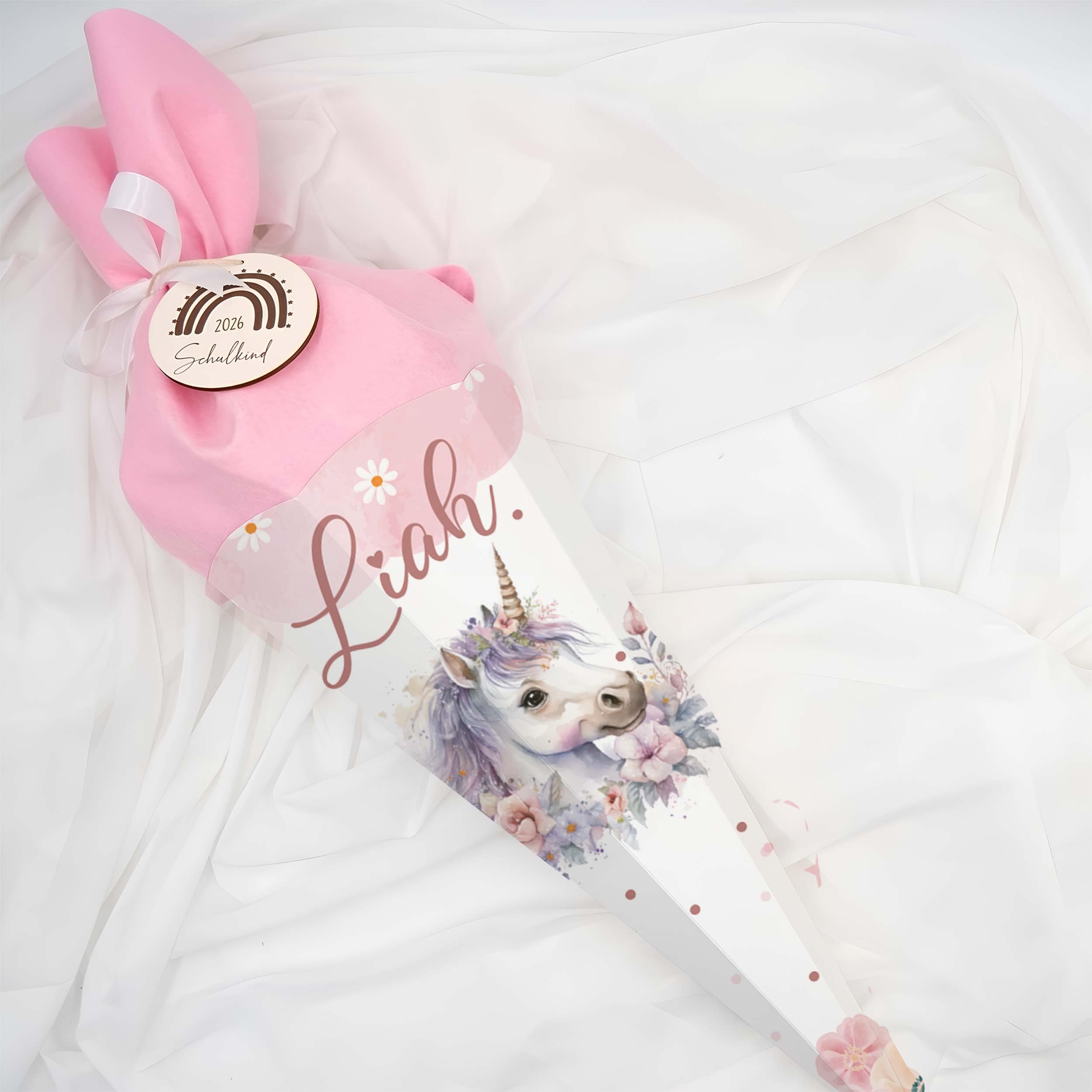Personalisierte Schultüte mit Filz-Stoff & Holzschild, Zuckertüte zur Einschulung Mädchen Jungen 2026 - Einhorn Rosa