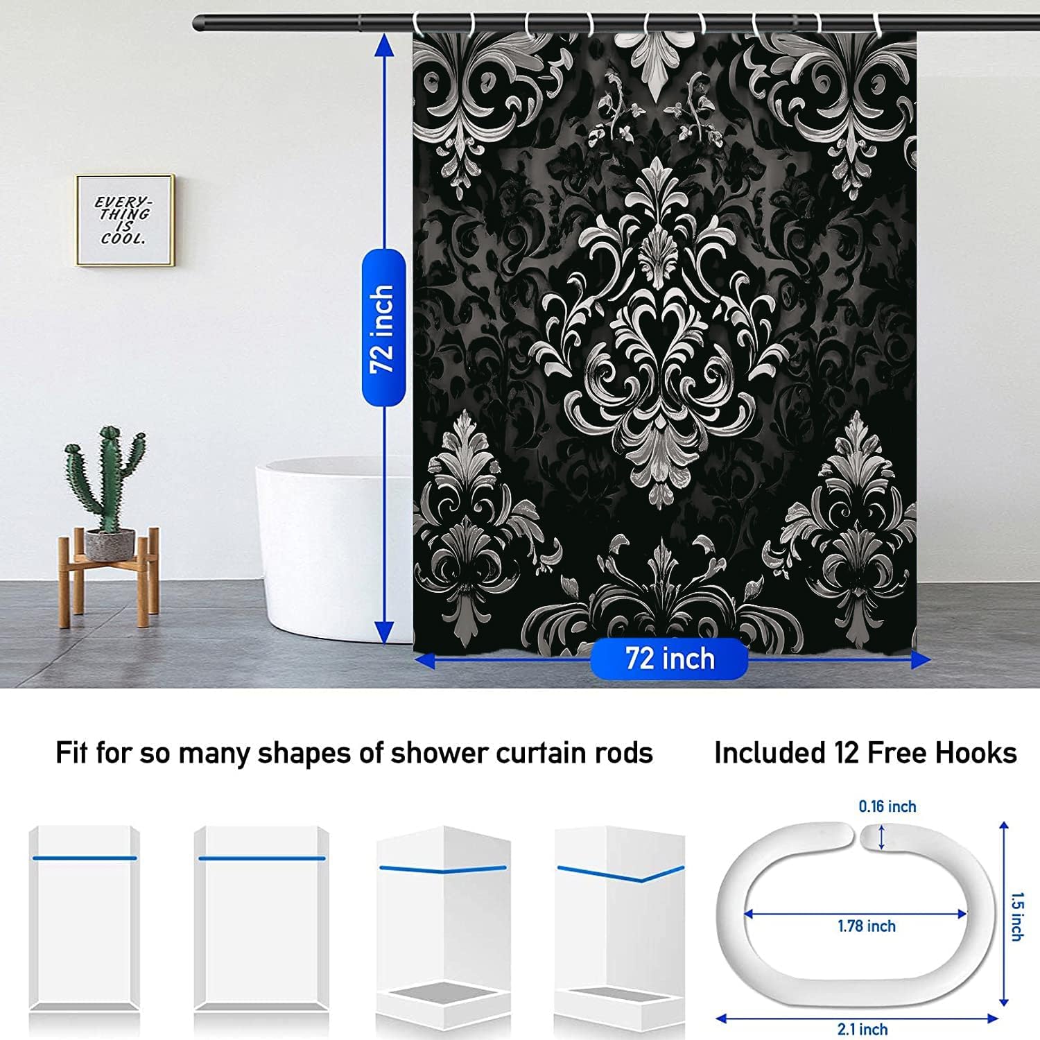 NBVKO 4Pcs Luxury Damascus White Flower Pattern Shower Curtain Set with 12 Hooks Non-Slip Rugs,Toilet Lid Cover and Bath Mat,Dark Gold Bathroom Decor for Hotel & Home Bathroom