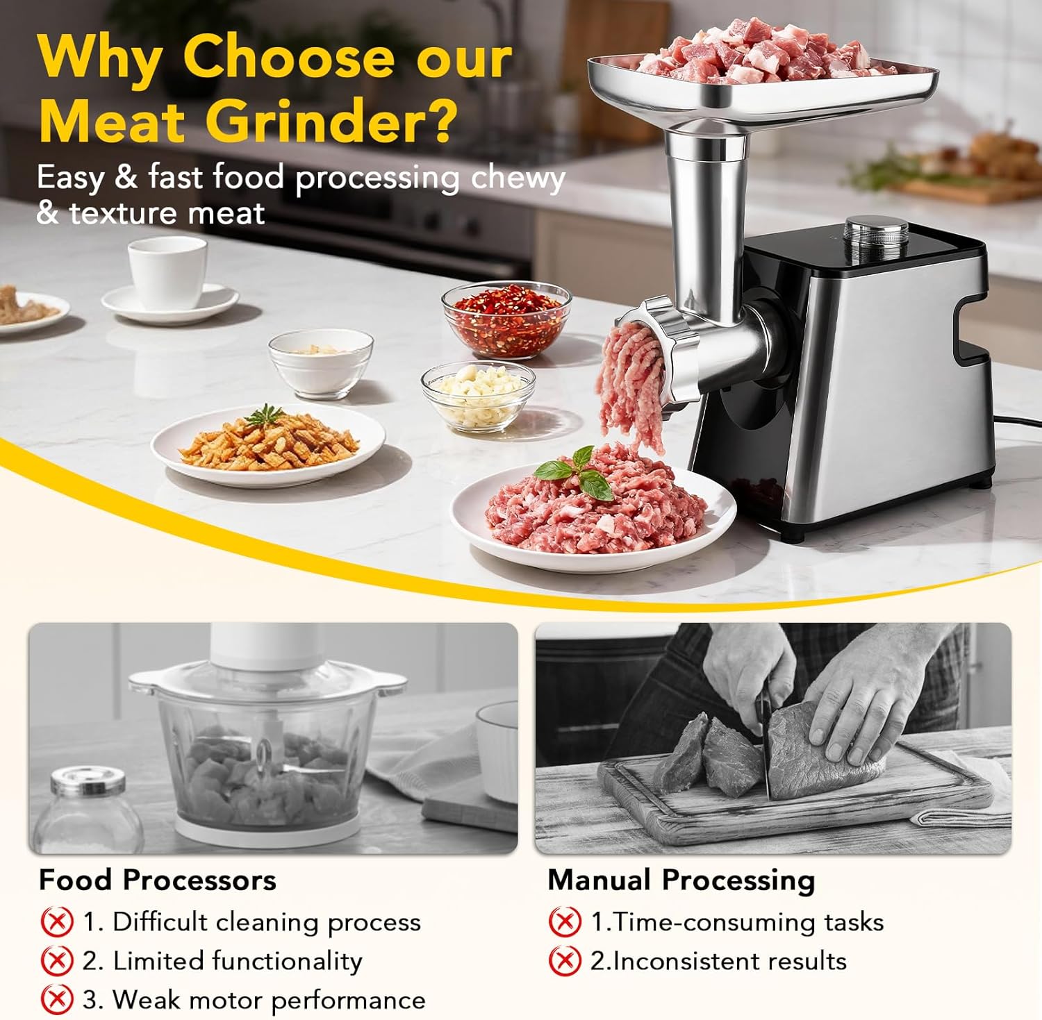 Home Kitchen & Restaurant Meat Grinder - 350W Powerful Motor for Easy Grinding Meat, Sausage & Meatballs Making, Stainless Steel Blade with 3 Grinding Plates Included