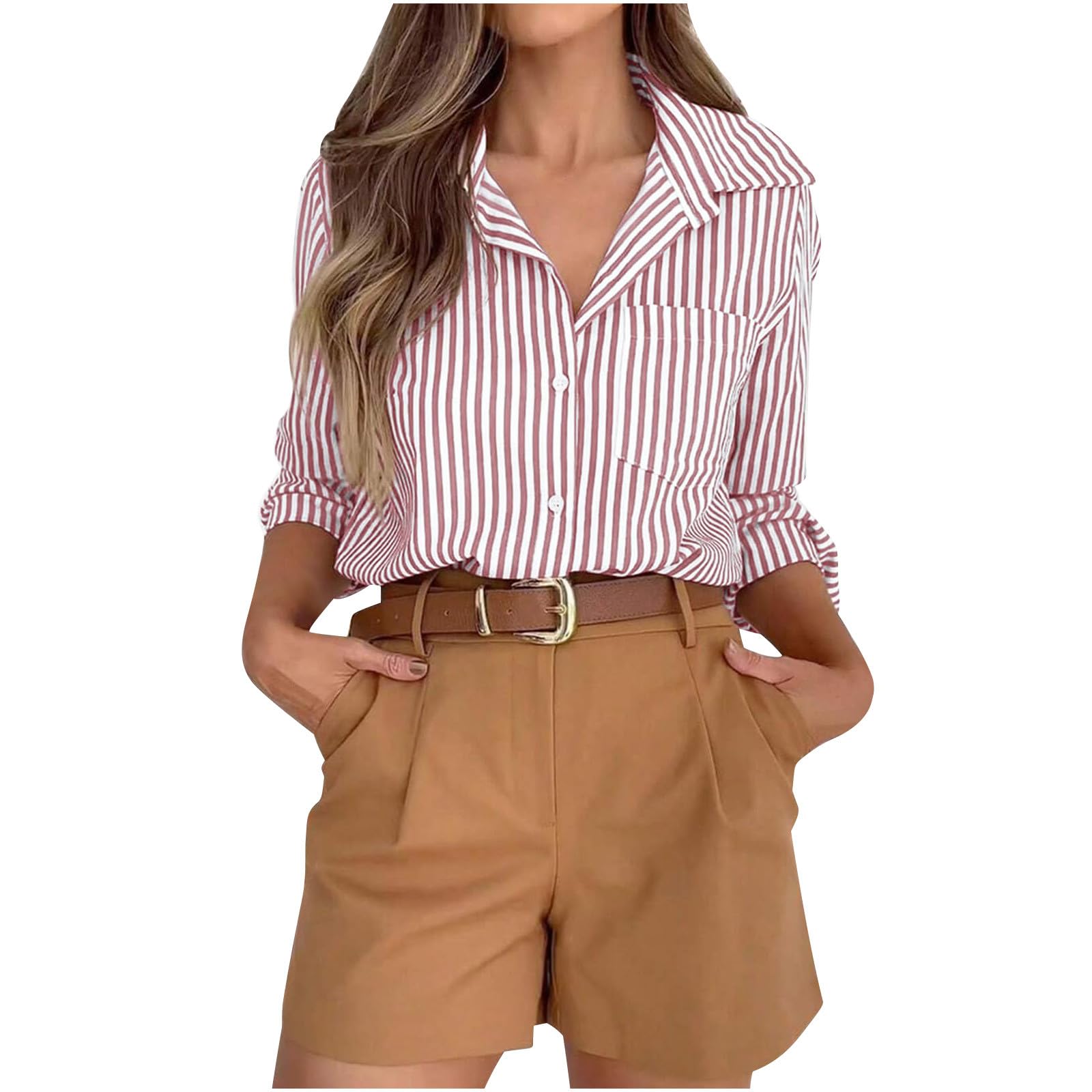Blouses for Women UK Striped Dress Shirts Button Down Shirt Casual Loose Long Sleeve Office Work Tunic Tops Collared Neck Roll Up Long Sleeve Blouse Regular Fit Tee Shirt with Pocket
