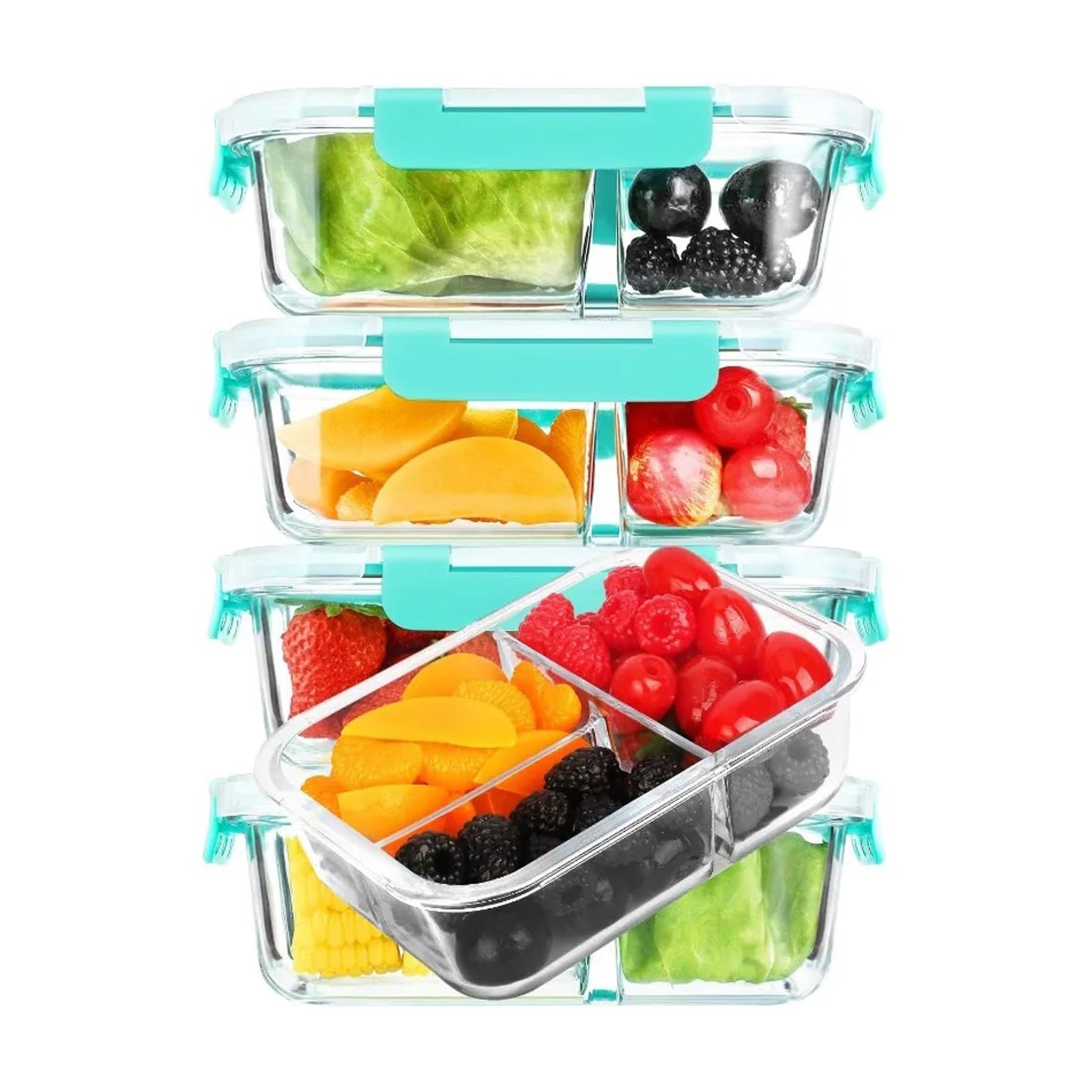 Paquete de 5 recipientes de vidrio para preparación de comidas con tapas, 3 compartimentos, fiambrera Bento, aptos para microondas y horno, recipientes de almacenamiento de alimentos para preparación