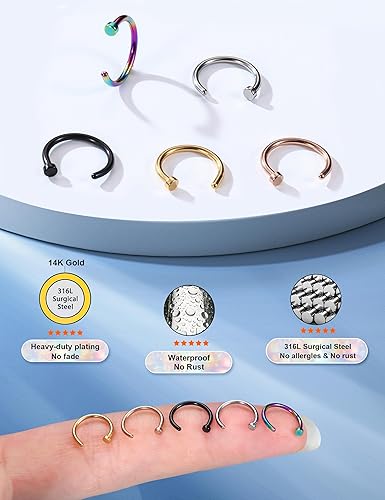 Miniatura 6 de FIBO STEEL- 32 piercings de aro para la nariz de acero inoxidable 20G joyería para el cuerpo