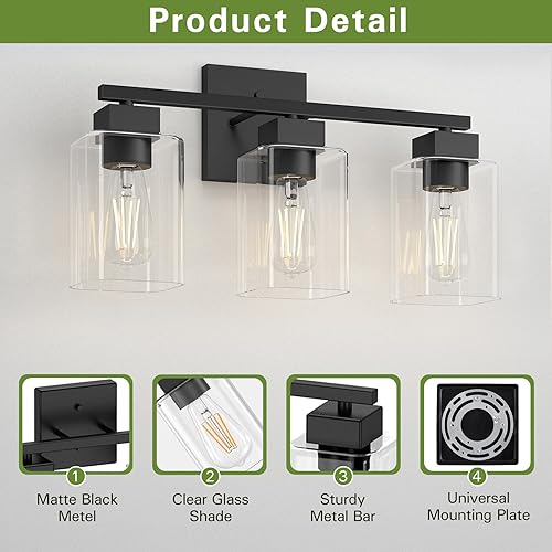 Miniatura 3 de Espird Lámpara de Tocador de Baño Negro Mate, Accesorios de Iluminación de Tocador de 3 Luces Sobre Espejo, Diseño Cuadrado y Certificación UL,