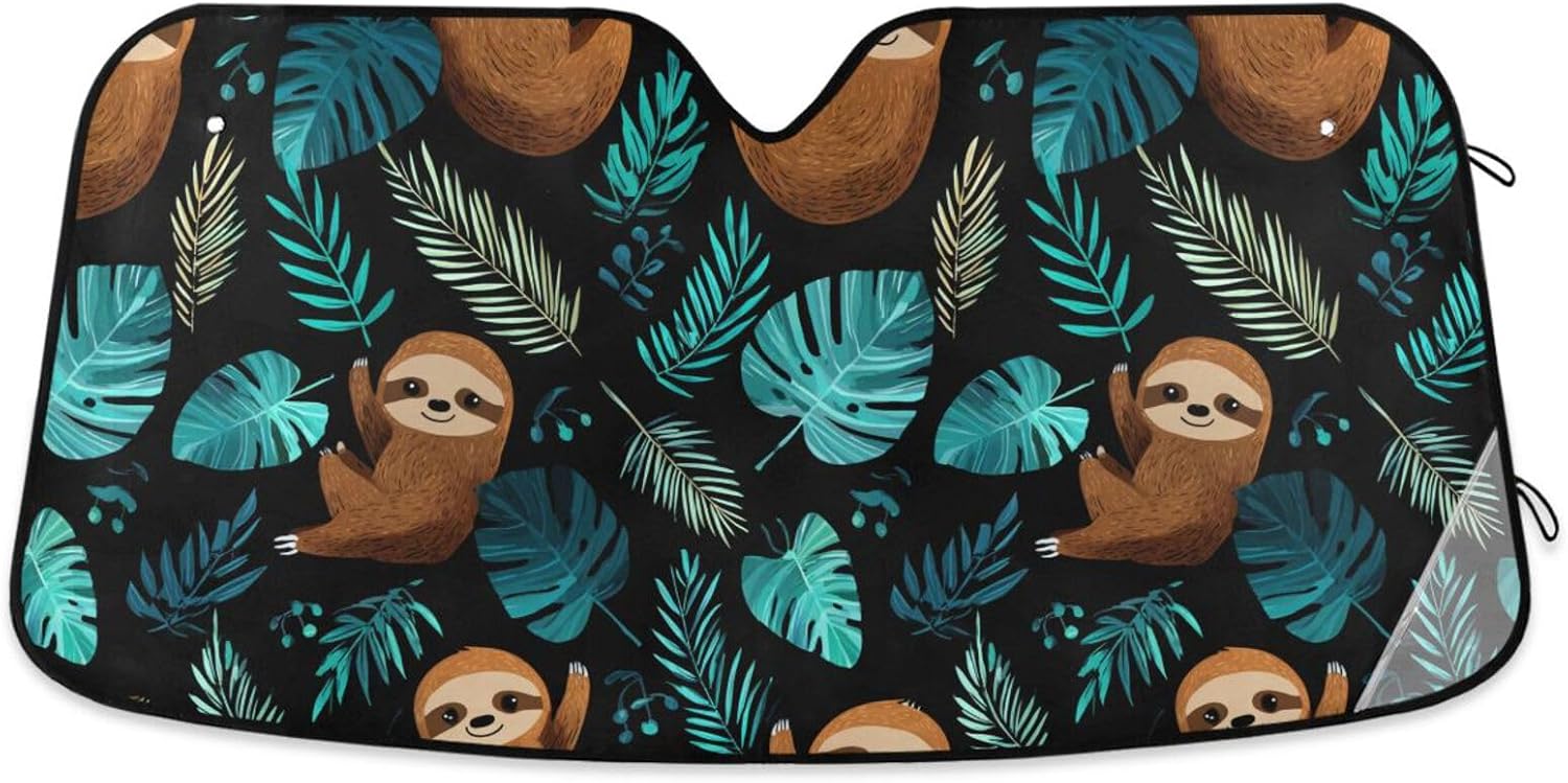 Car Windshield Sun Shade Cute Sloth Monstera Leaves Reflective Sunshade for Ultimate Protection Fits Small Sedans, Mini SUVs, Hatchbacks
