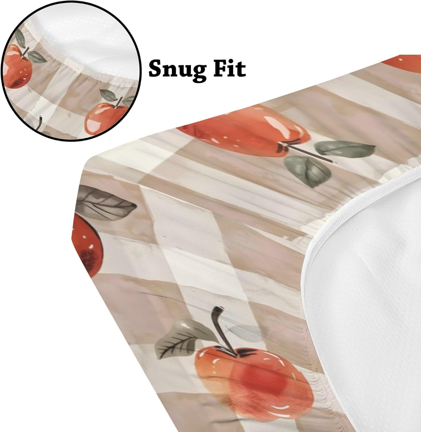 Watercolor Apples Checkered Fall Theme Pattern Baby Sheets for Crib, Unisex Fruits Nursery Fitted Bed Sheet for Boys Girls Standard Crib and Toddler Mattress-28x52