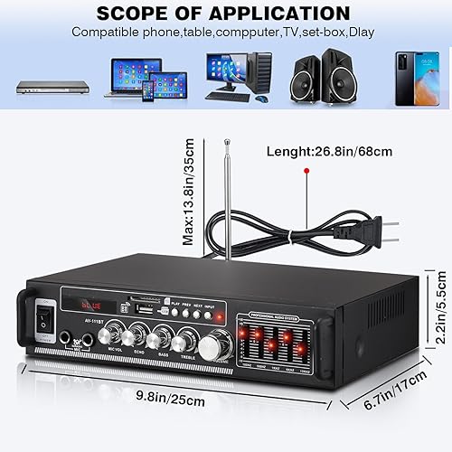 Miniatura 7 de Facmogu AV-111BT Amplificador para el hogar con ecualizador, amplificador de audio EQ de 5 bandas, receptor amplificador de potencia RMS 60Wx2 para