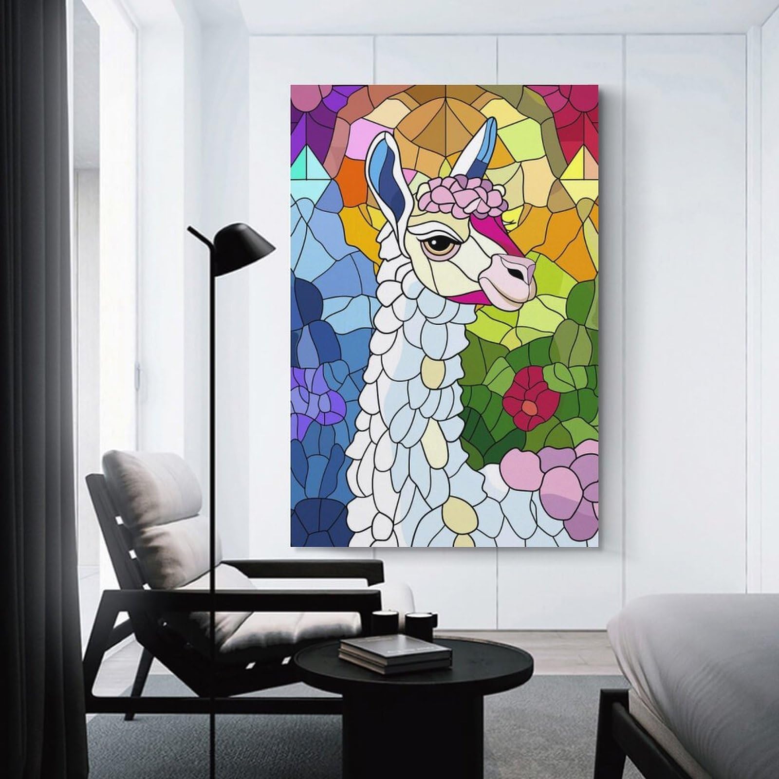 Junmoney Hanging Wall Art Stained Glass Llama with Flowers, 24x36inch(60x90cm), for Wall Displays, Bedrooms Or Room Updates, Wall Decor Suited to Curated Displays