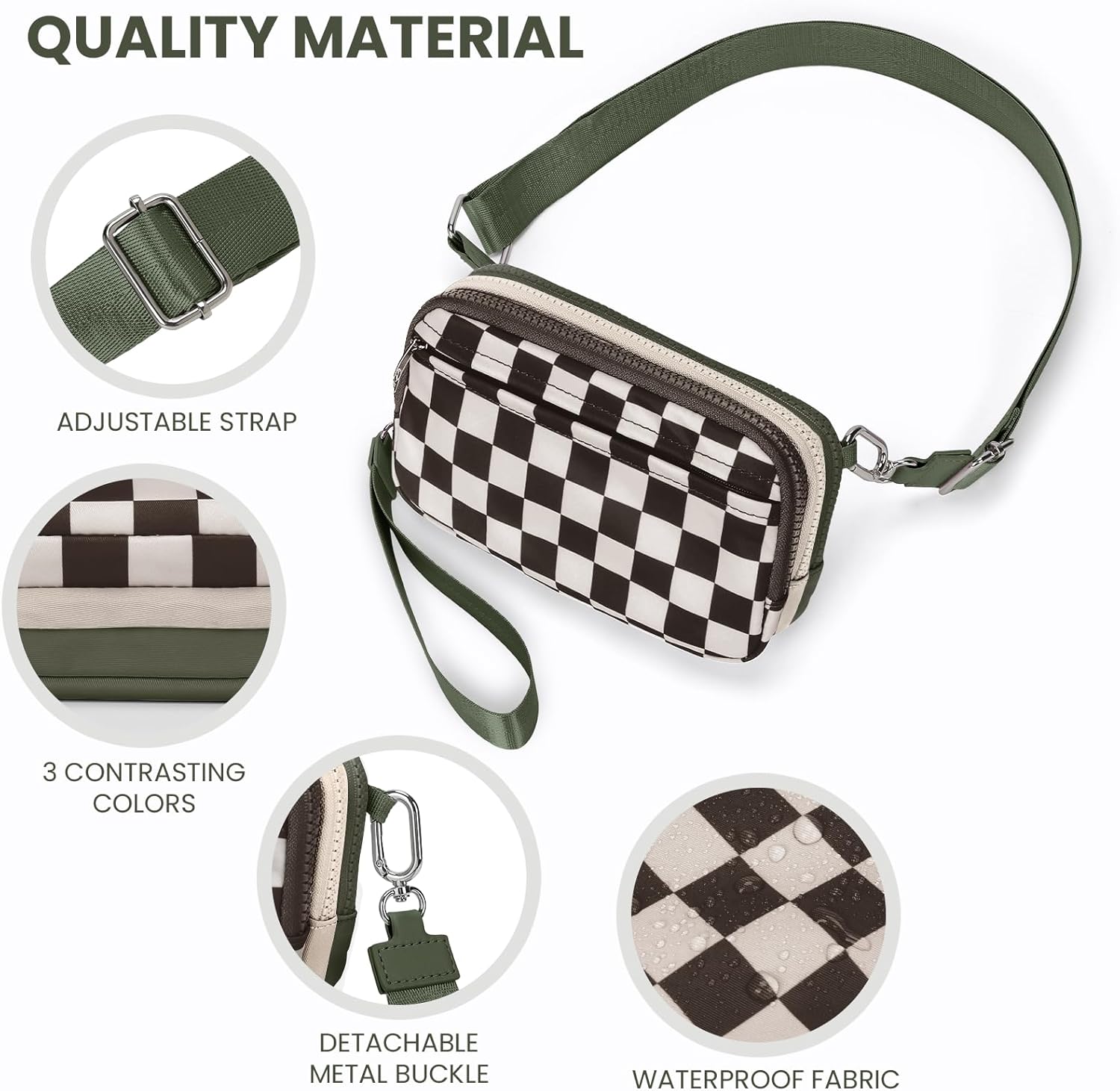 Checkered Wristlet Wallet for Women Tri-tone Cute Nylon Wristlet Purse with 5 zippers and ID Window Credit Card Holder - Image 4