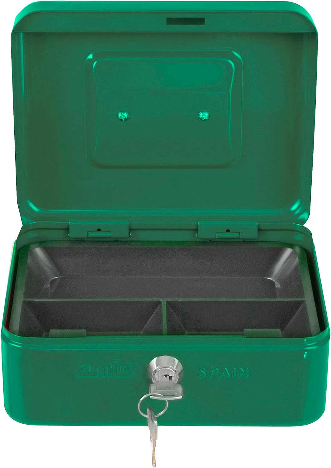 Amig - Safe | Cash Box | Safe for Money, Notes and Coins | With Coin Compartment and 2 Keys | Steel | Colour: Green | 250 x 180 x 90 mm