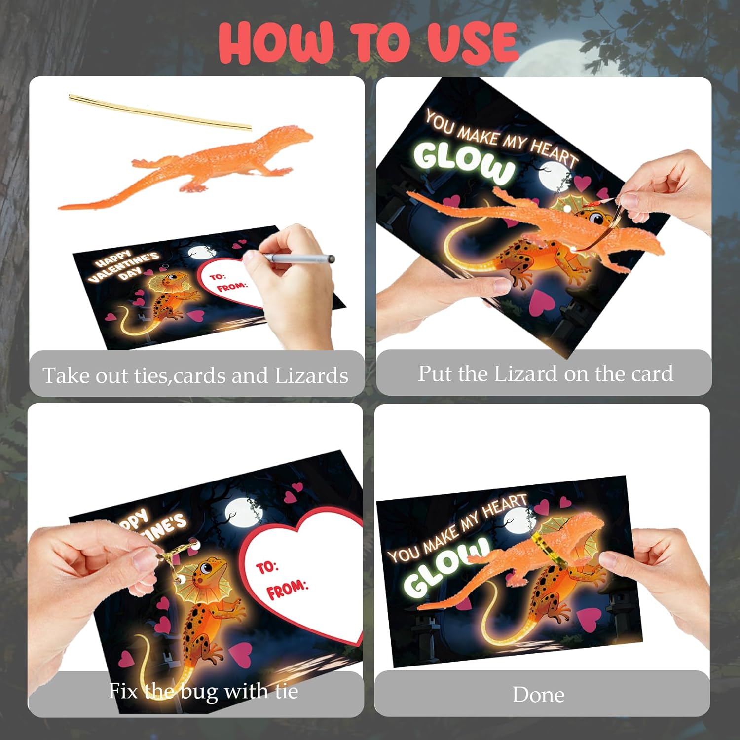 28 Pack Valentines Day Cards with Glow in the Dark Lizards Toys for Gifts Party Favor, Bulk Valentine Gift for Kids, Classroom Exchange Prize, Valentine’s Greeting Cards