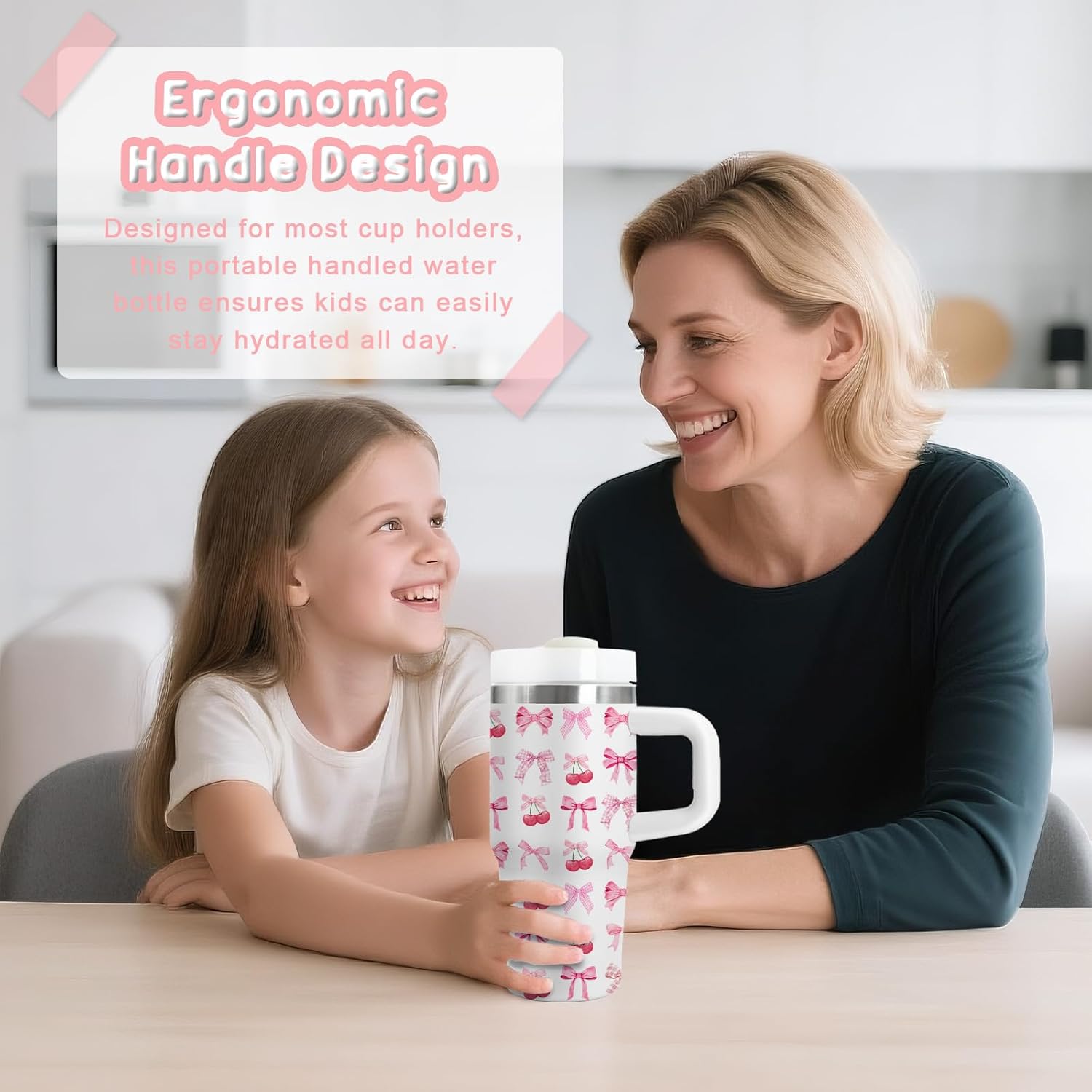 Bow Gifts for Girls - 14oz Pink Kids Bowknot Themed Tumbler with Handle and Straw, Stainless Steel Insulated Water Cup, for Sport, School, Travel - Cute Pink Bow Themed Children Birthday Gift Cup(1pc) - Image 2