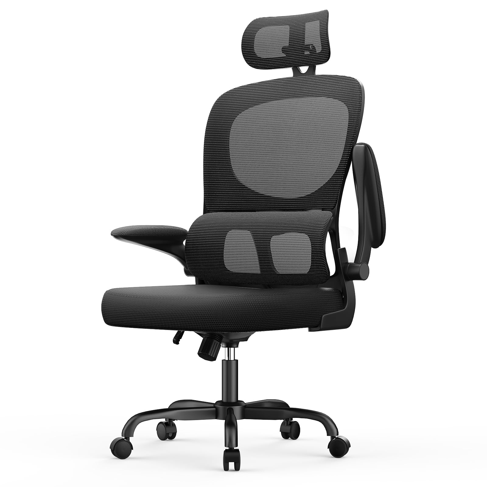 rattantree Ergonomischer Bürostuhl, Schreibtischstuhl mit Verstellbarer Kopfstütze und Armlehnen, C-förmige Lordosenstütze, Drehstuhl mit Rollen für das Home Office, Schwarz